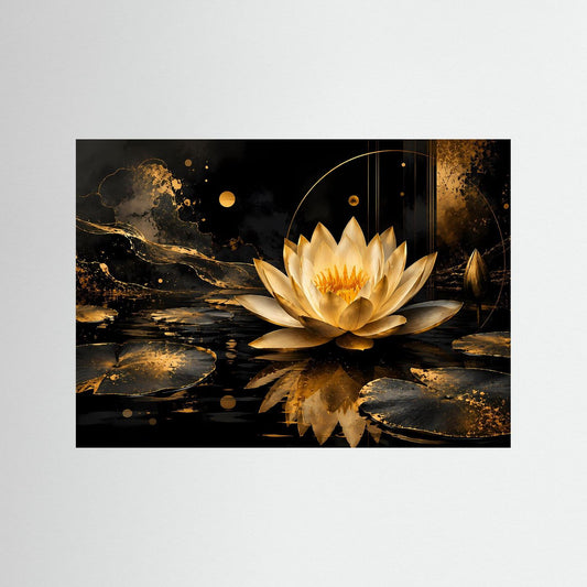 Poster mit goldener Lotusblüte auf schwarzem Wasser, schwarzer Rahmen