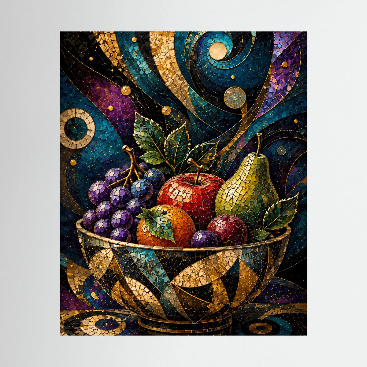 Hochformat-Poster mit Obstschale im Mosaikstil, goldenen Ornamenten und bunten Früchten