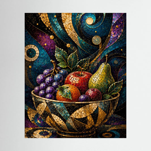Hochformat-Poster mit Obstschale im Mosaikstil, goldenen Ornamenten und bunten Früchten
