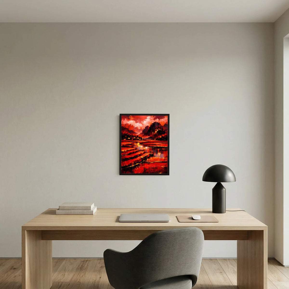 Gerahmtes Kunstposter mit abstrakter Landschaft in Rot und Schwarz, Flusslinien und Himmel