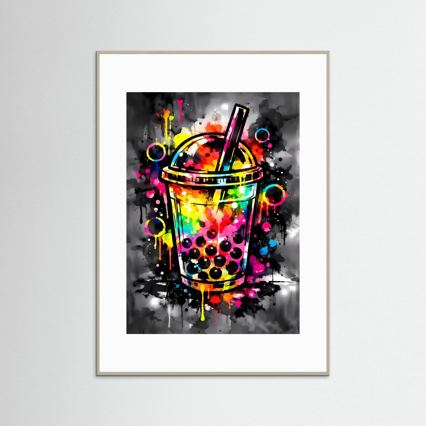 Die Kunst des Trends | Neon Bubble Tea Poster in Regenbogenfarben & Schwarz | Abstraktes Pop-Art Kunstposter Hochformat