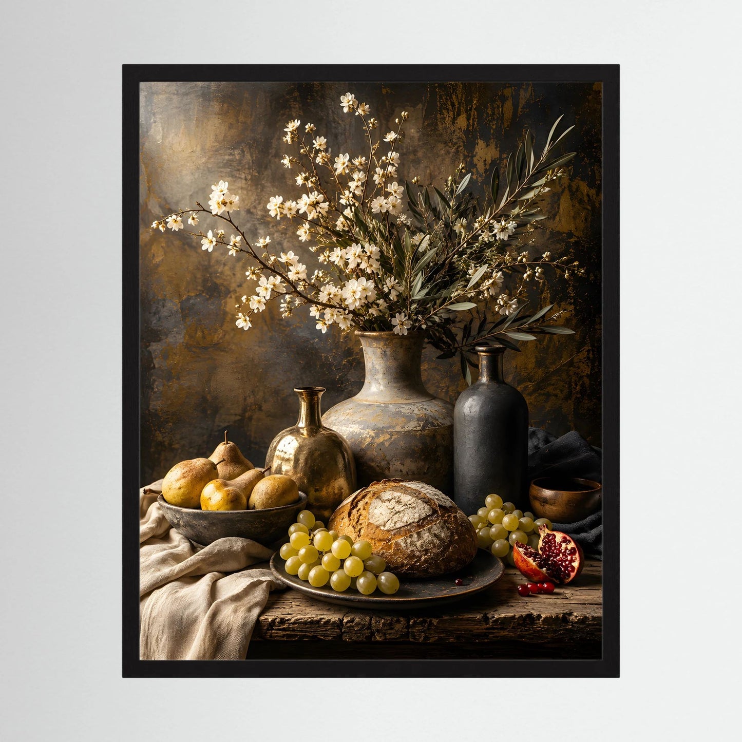 Gerahmtes Stillleben-Poster: Blütenzweig, Vase, Obst, Brot und Trauben