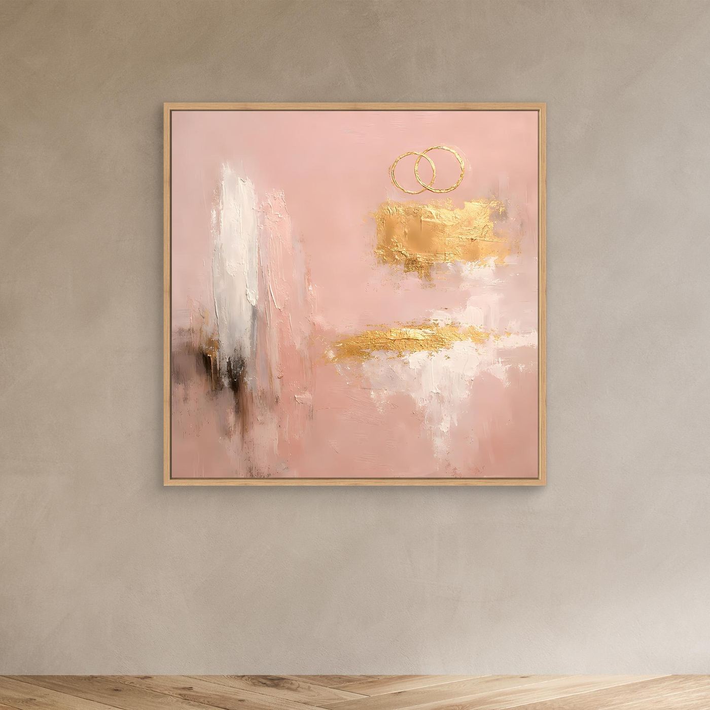 Leinwand Abstraktes Hochzeitsgemälde in Altrosa und Gold | Modernes Wandbild Eheringe