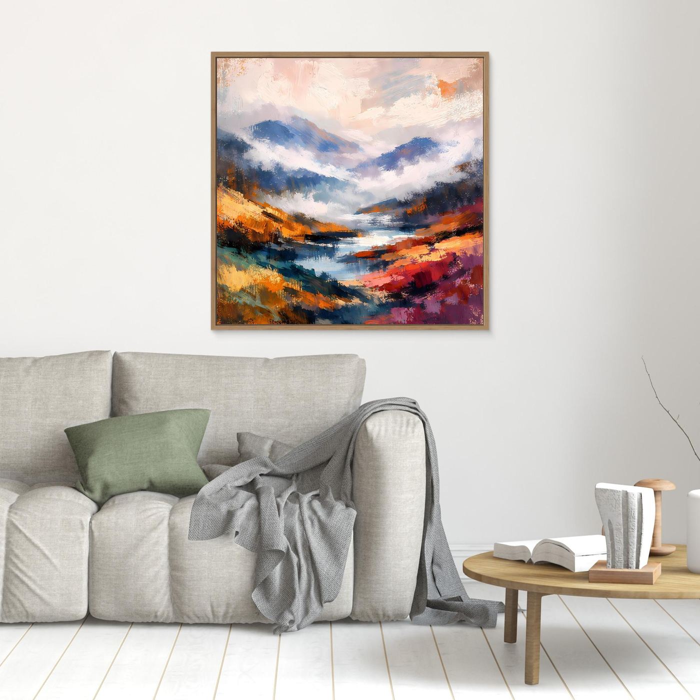 Leinwand-Wandbild: abstrakte Berglandschaft mit Fluss, brauner Rahmen, blau-orange Farbflächen.