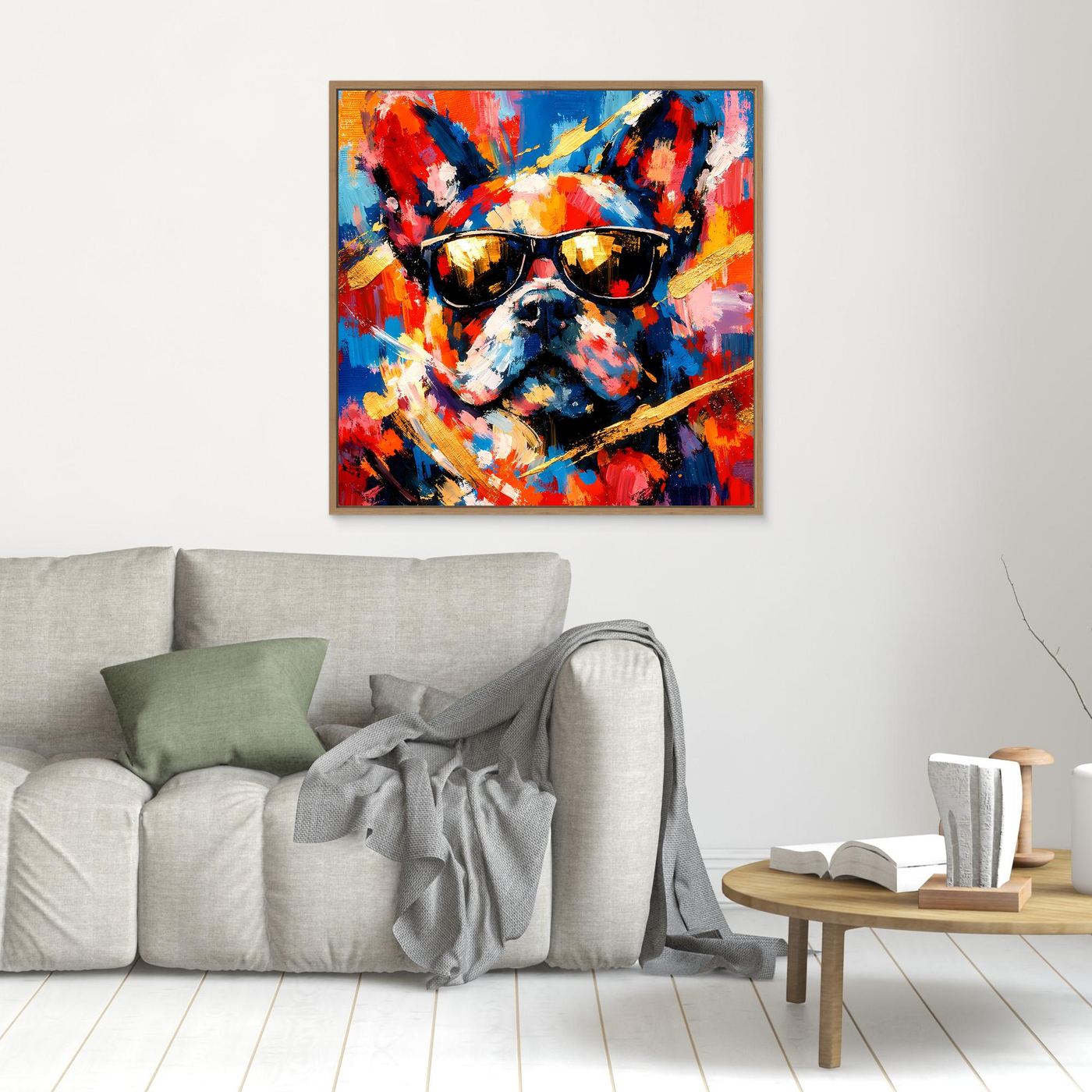 Leinwandbild mit abstrakter Französischer Bulldogge und Sonnenbrillen, bunt, goldbraun gerahmt