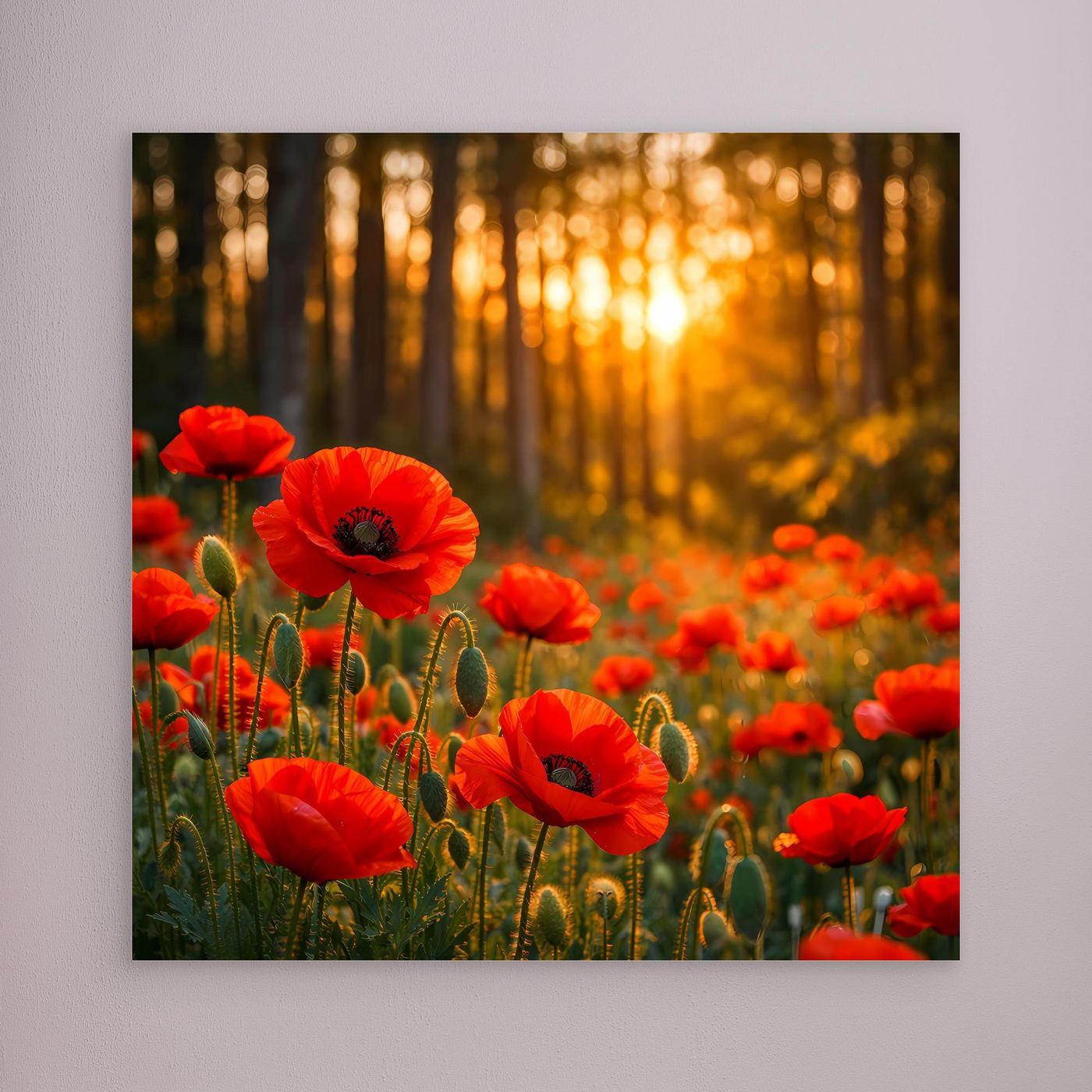 Leinwandbild mit roten Mohnblumen im goldenen Wald, ohne Rahmen