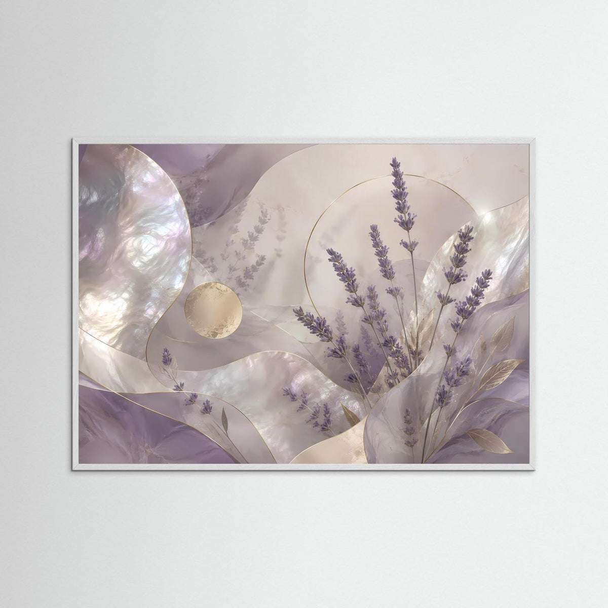 Querformat-Poster im weißen Holzrahmen mit Lavendel-Botanik in Flieder, Perlmutt und Gold