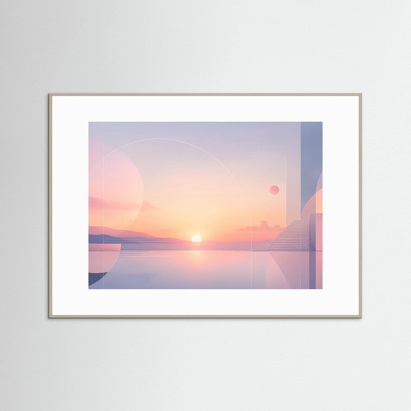 Querformat-Poster mit abstrakter Sonnenlandschaft in Rosa und Blau, weißer Rahmen