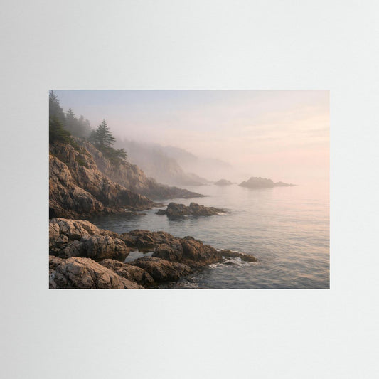 Panorama-Poster mit Klippen und Meer im Morgennebel, ohne Rahmen