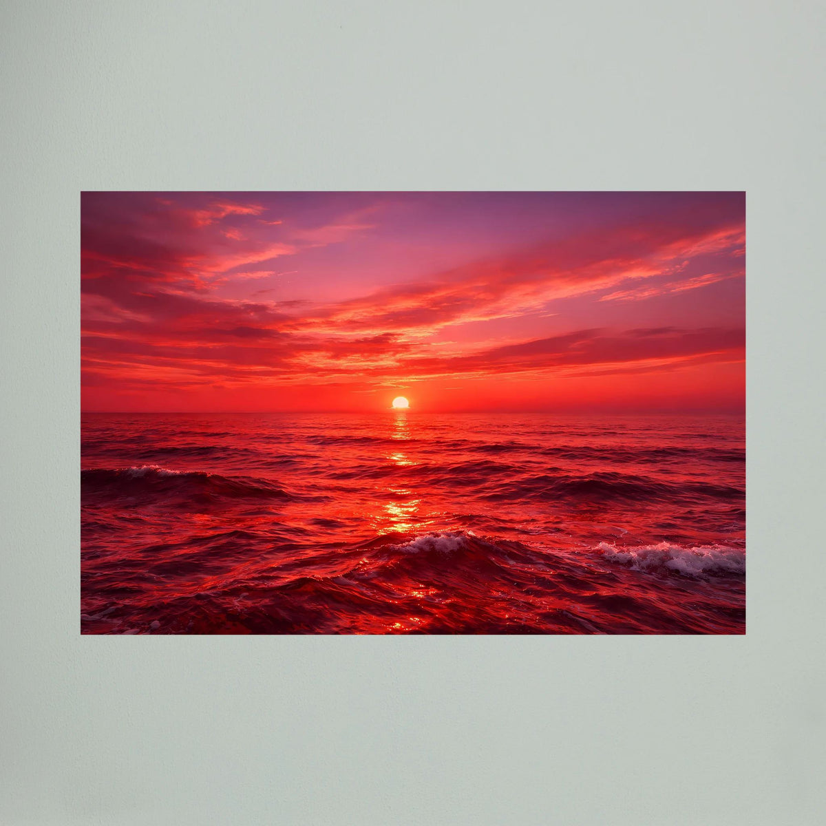 Nahansicht des Querformat-Wandbilds: Sonne im Meer bei Sonnenuntergang, rot leuchtend