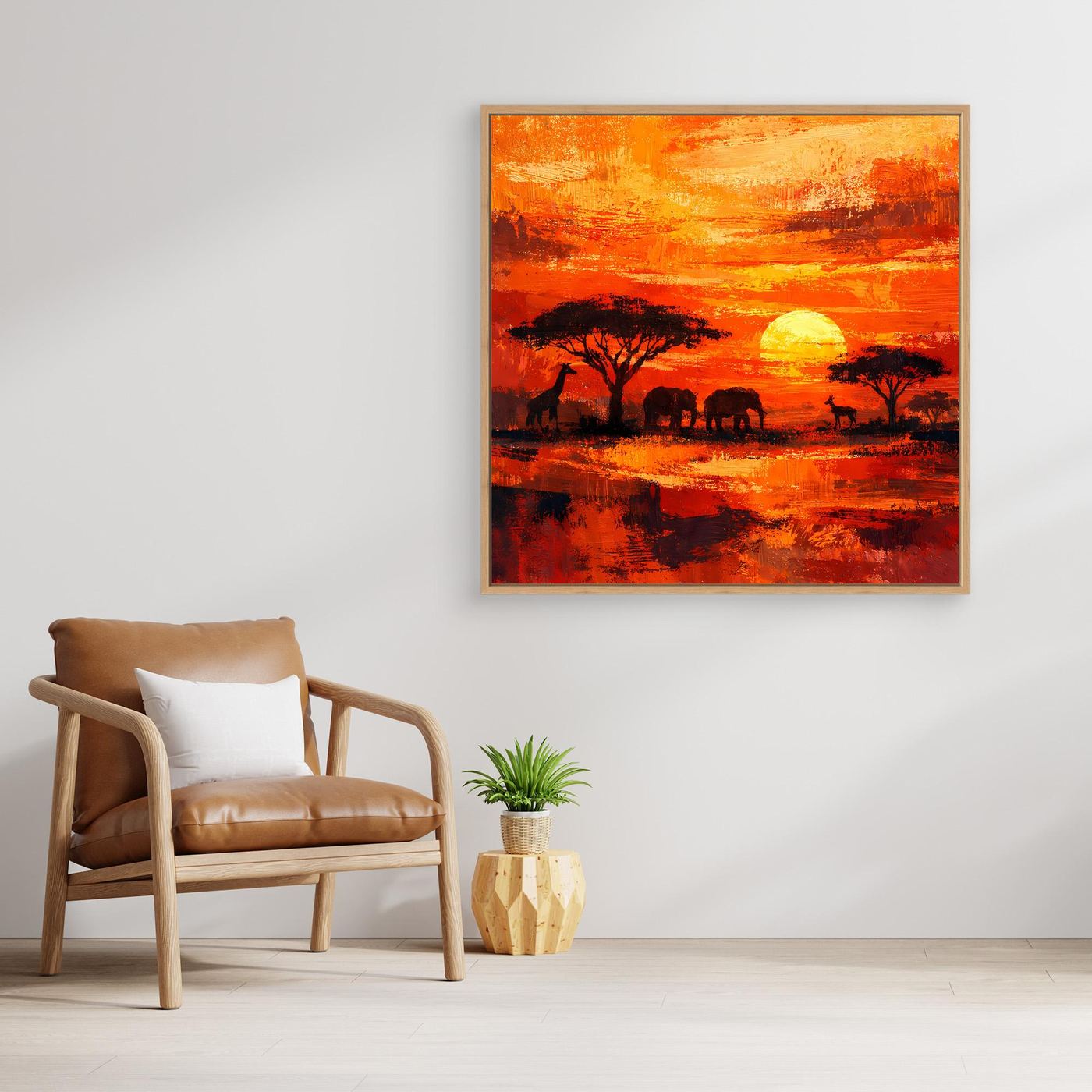 Leinwand Afrikanische Savanne bei Sonnenuntergang | Modernes Elefanten & Giraffen Wandbild