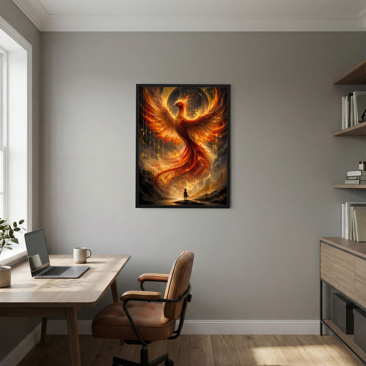 Hochformat-Poster mit Phönix aus Feuer, goldene und orange Flammen, schwarzer Rahmen