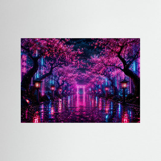 Neon-Wandbild mit Kirschblütenallee bei Nacht, pink-blaues Licht und Spiegelungen im Regen