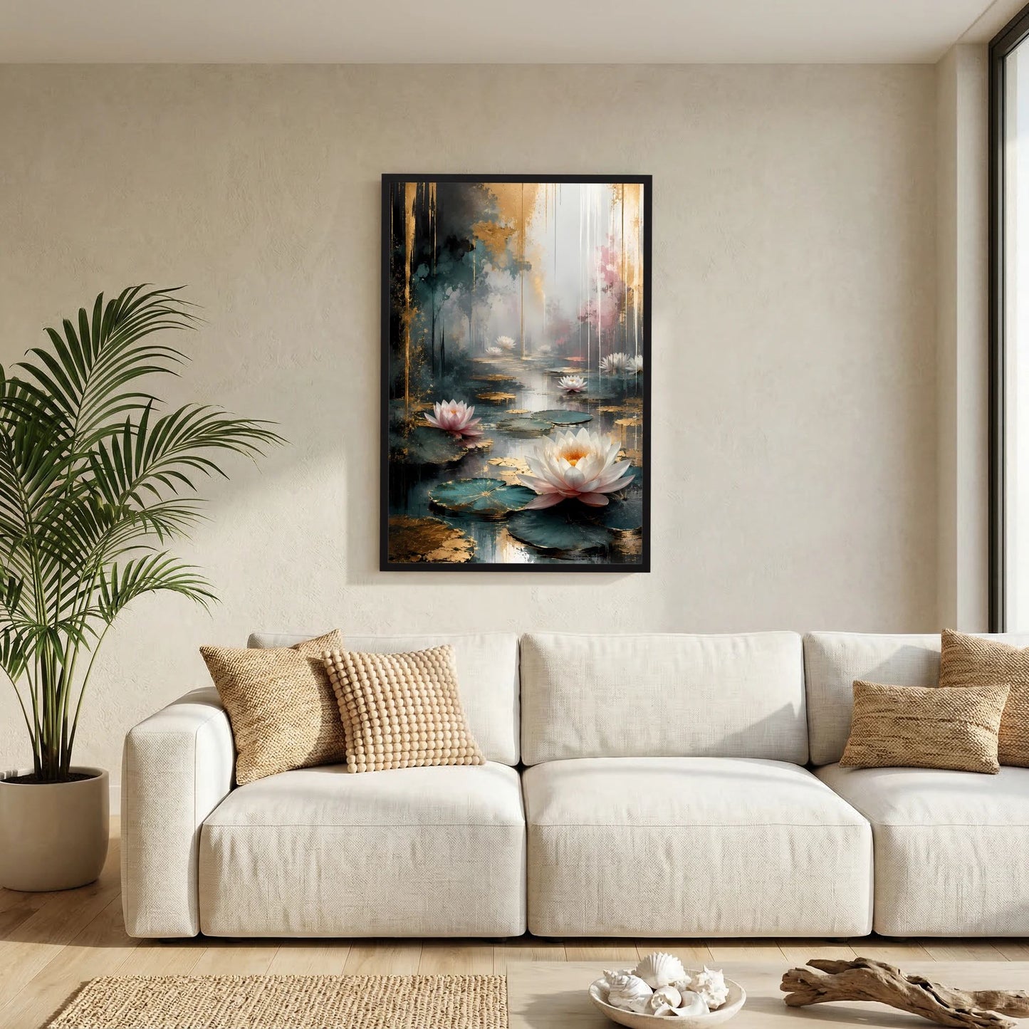 Poster mit Wasserlilien-Abstrakt in Weiß und Rosa, schwarze Einfassung, Hochformat