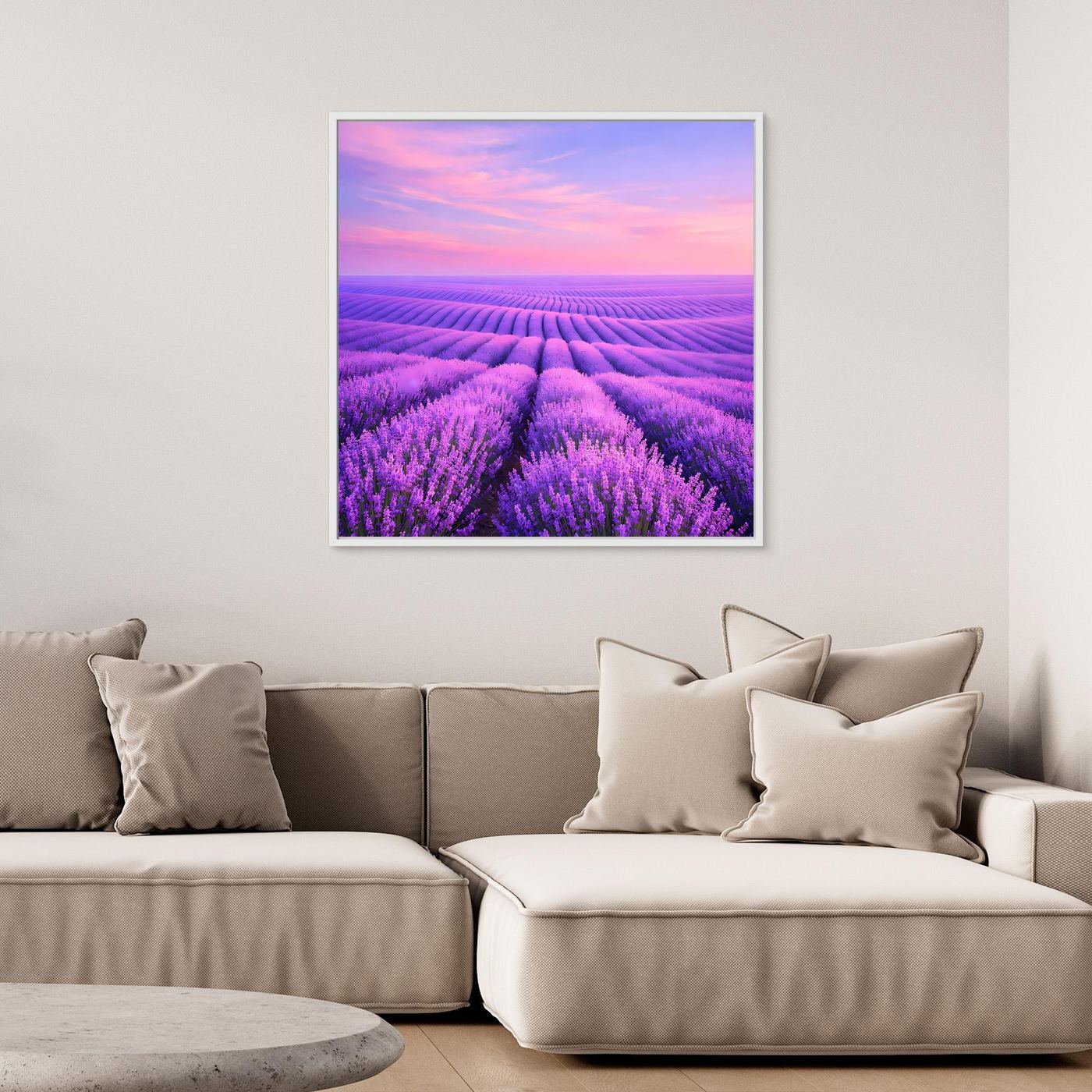 Leinwandbild Lavendelfeld, lila Blüten im Feld, sanfter Himmelverlauf