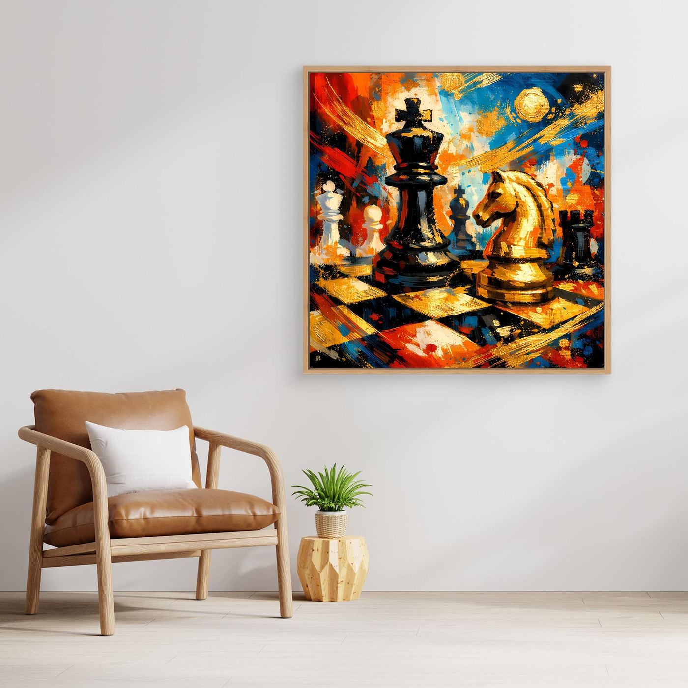 Leinwandbild mit abstraktem Schachspiel, bunt, goldfarbener Rahmen