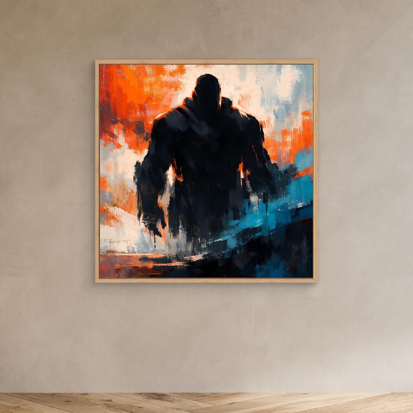Abstraktes Wandbild mit Leinwandmotiv: dunkle Silhouette, orange und türkis im Eichenrahmen