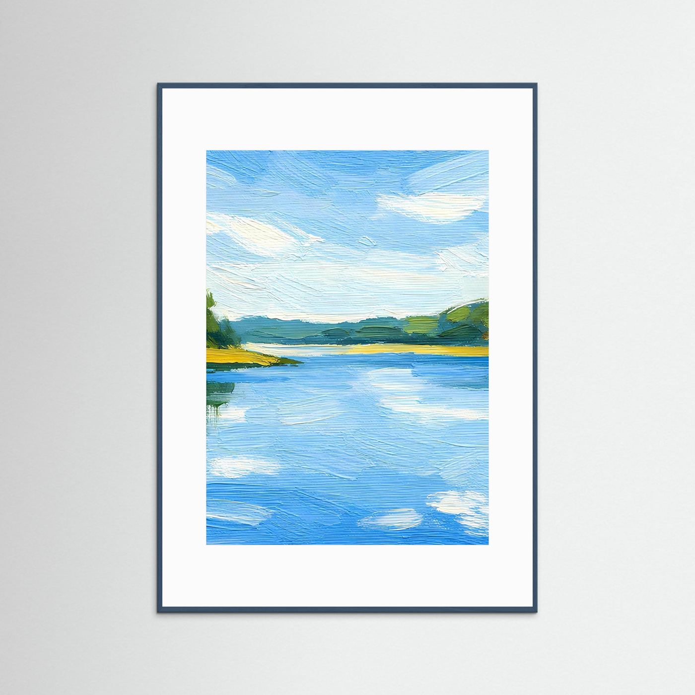 Gerahmter Kunstdruck Flusslandschaft im Sommer mit hellblauem Rahmen