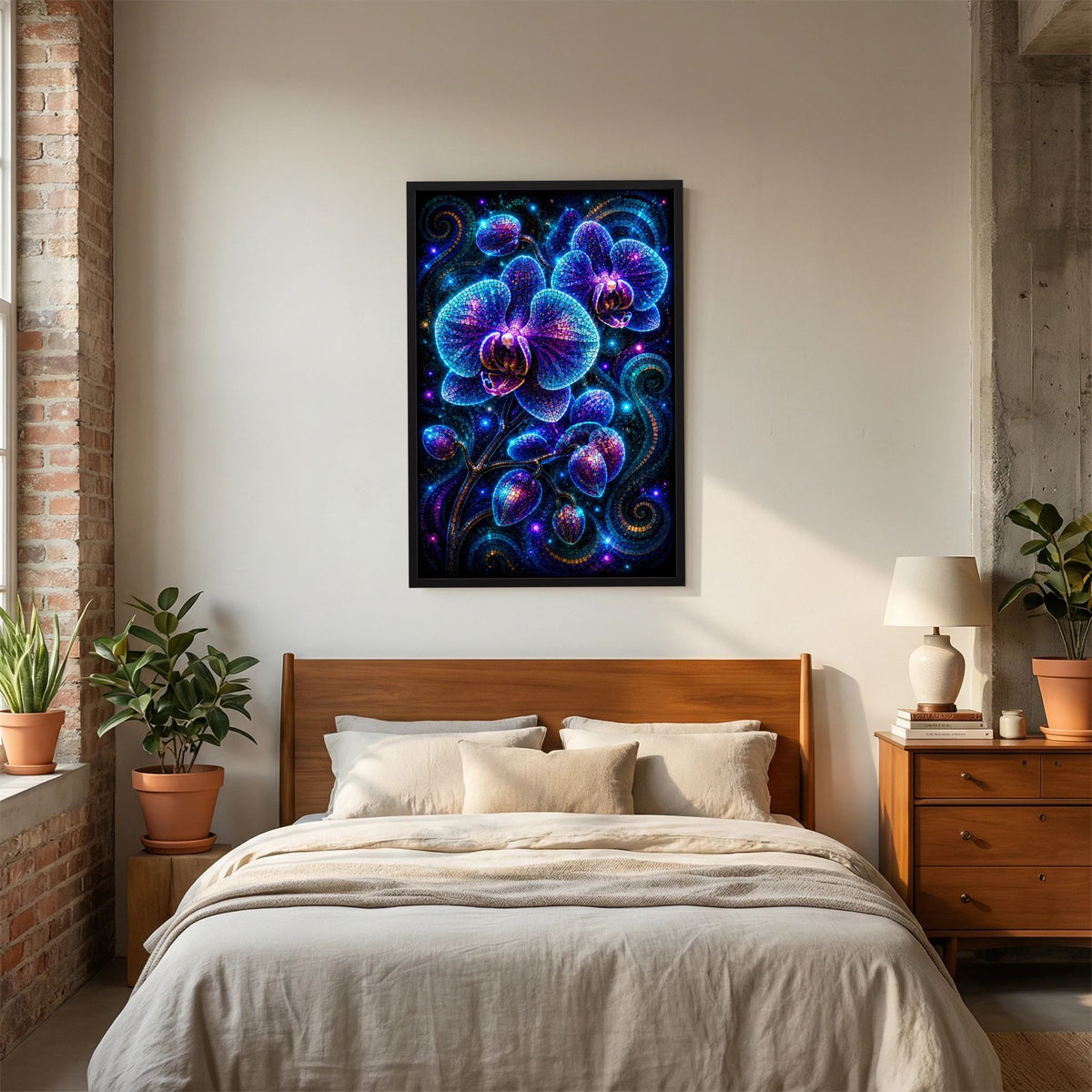 Gerahmtes Poster mit leuchtenden blau-violetten Orchideen-Mosaiken, schwarzer Rahmen