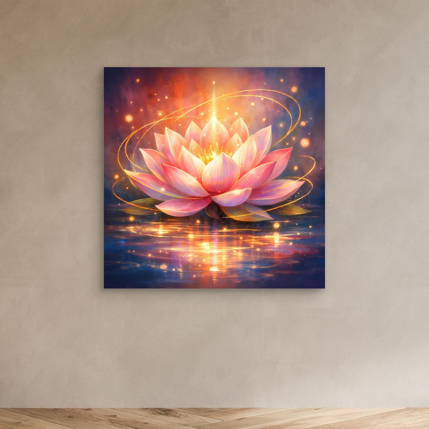 Leinwandbild Lotusblüte mit Lichtlinien, rosa Blüten und spiegelndem Glanz