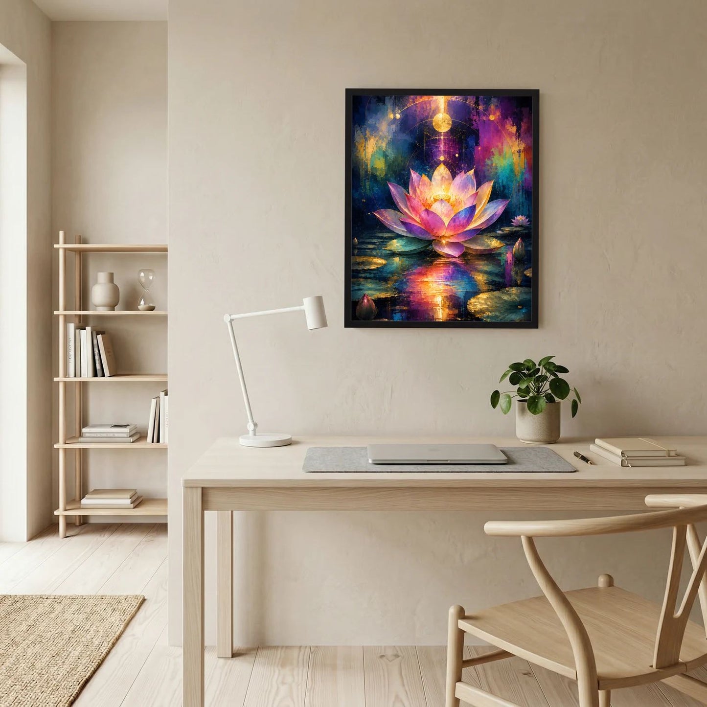 Gerahmtes Lotusblüten-Poster über dem Schreibtisch: bunte Lotusblüte mit goldenen Lichtern