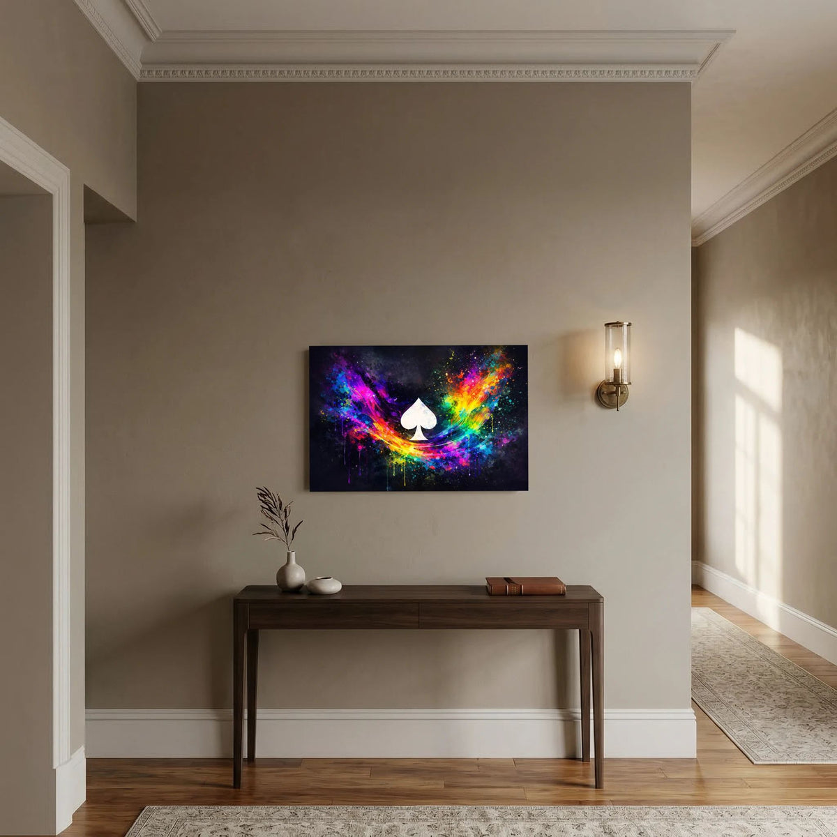Gerahmtes Poster mit abstrakter Neonkunst und Pik-Symbol, schwarz gerahmt