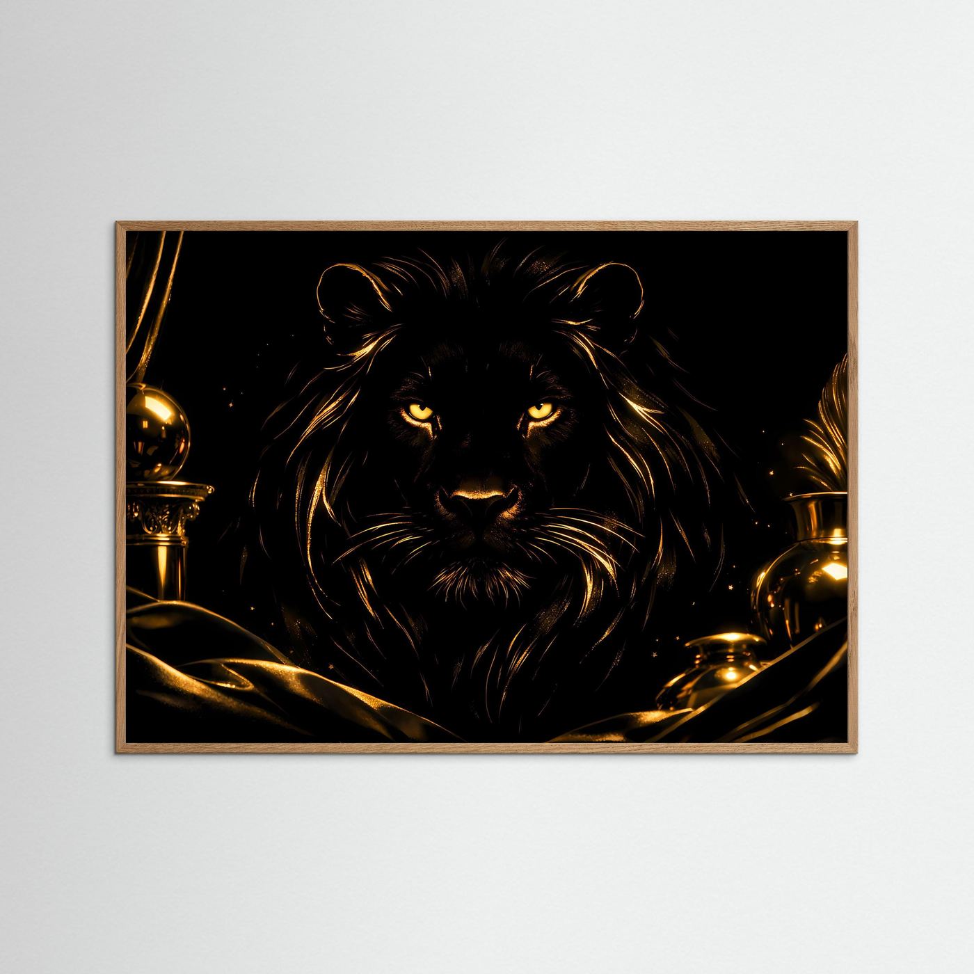 Majestätischer Schwarzer Löwe in Gold | Edles Tier Kunst & Luxus Wandbild Querformat