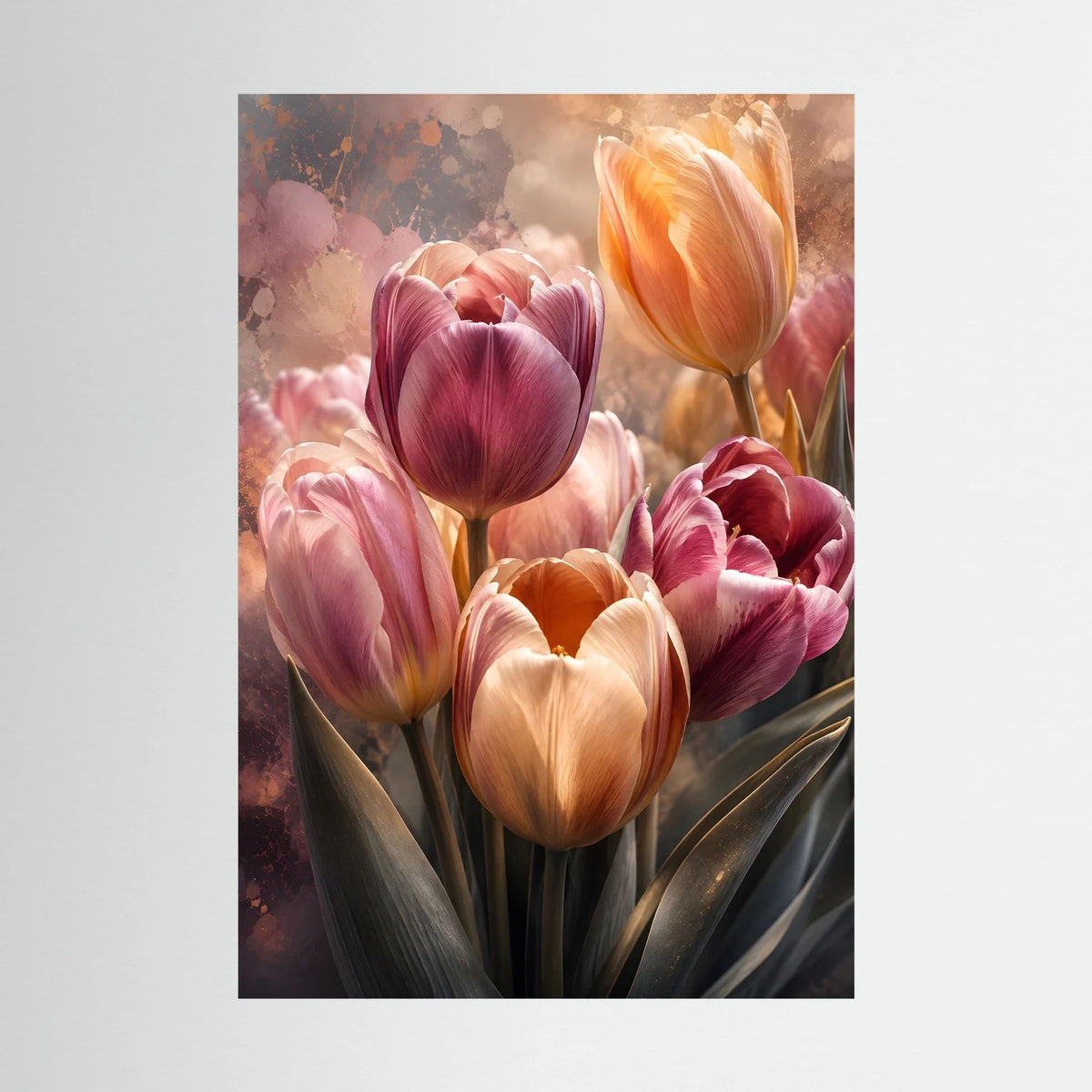 Blumenposter mit Tulpen in Rosa, Apricot und Orange, ohne Rahmen, Hochformat.