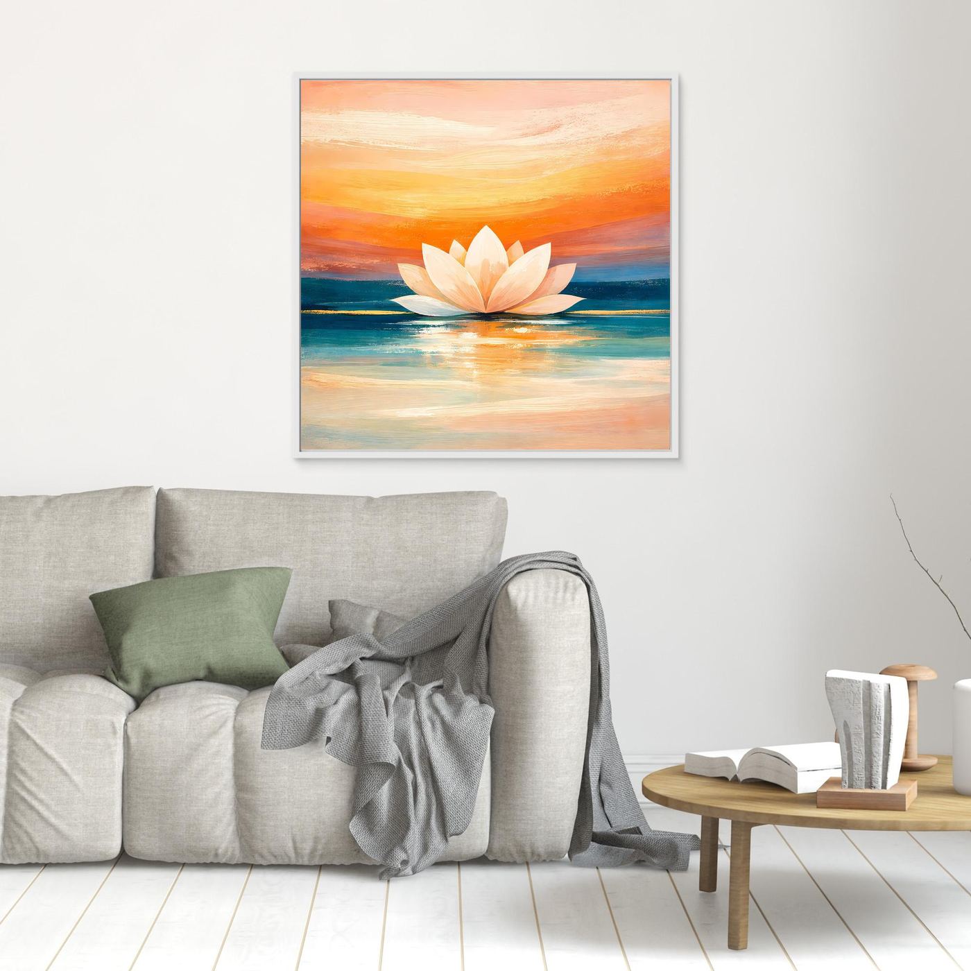 Leinwandbild mit weißem Rahmen, weiße Lotusblüte auf orangefarbenem Himmel