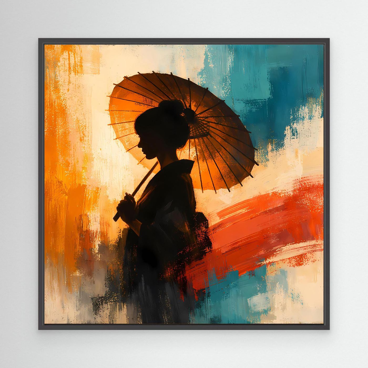 Leinwand Elegante Frau mit Sonnenschirm | Ästhetisches Japanisches Wandbild auf Keilrahmen