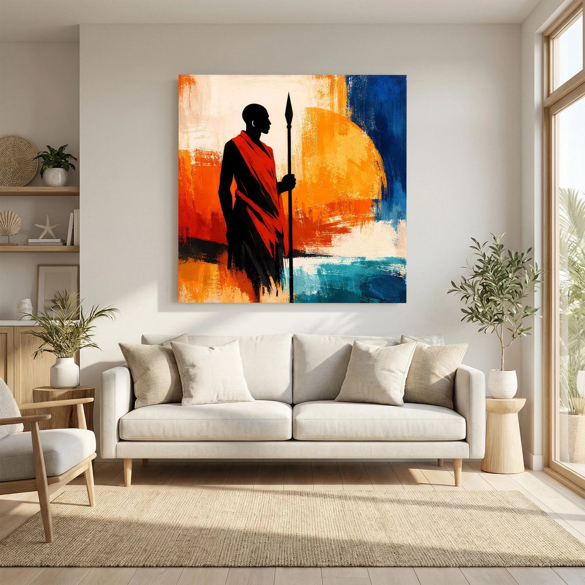 Quadratisches Wandbild mit Krieger-Silhouette, roter Umhang, Speer, vor orange-blauen Flächen.