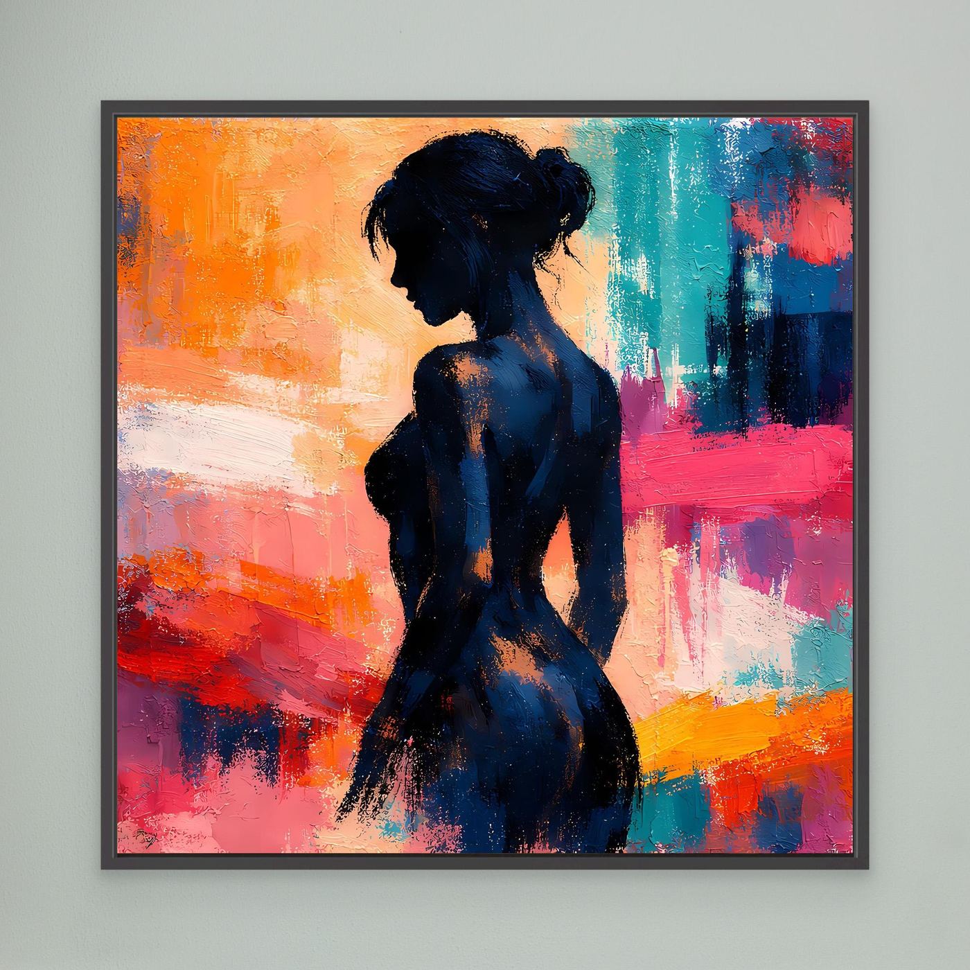 Gerahmtes Leinwand-Wandbild mit abstrakter Frauen-Silhouette in dunklem Blau, schwarzer Rahmen
