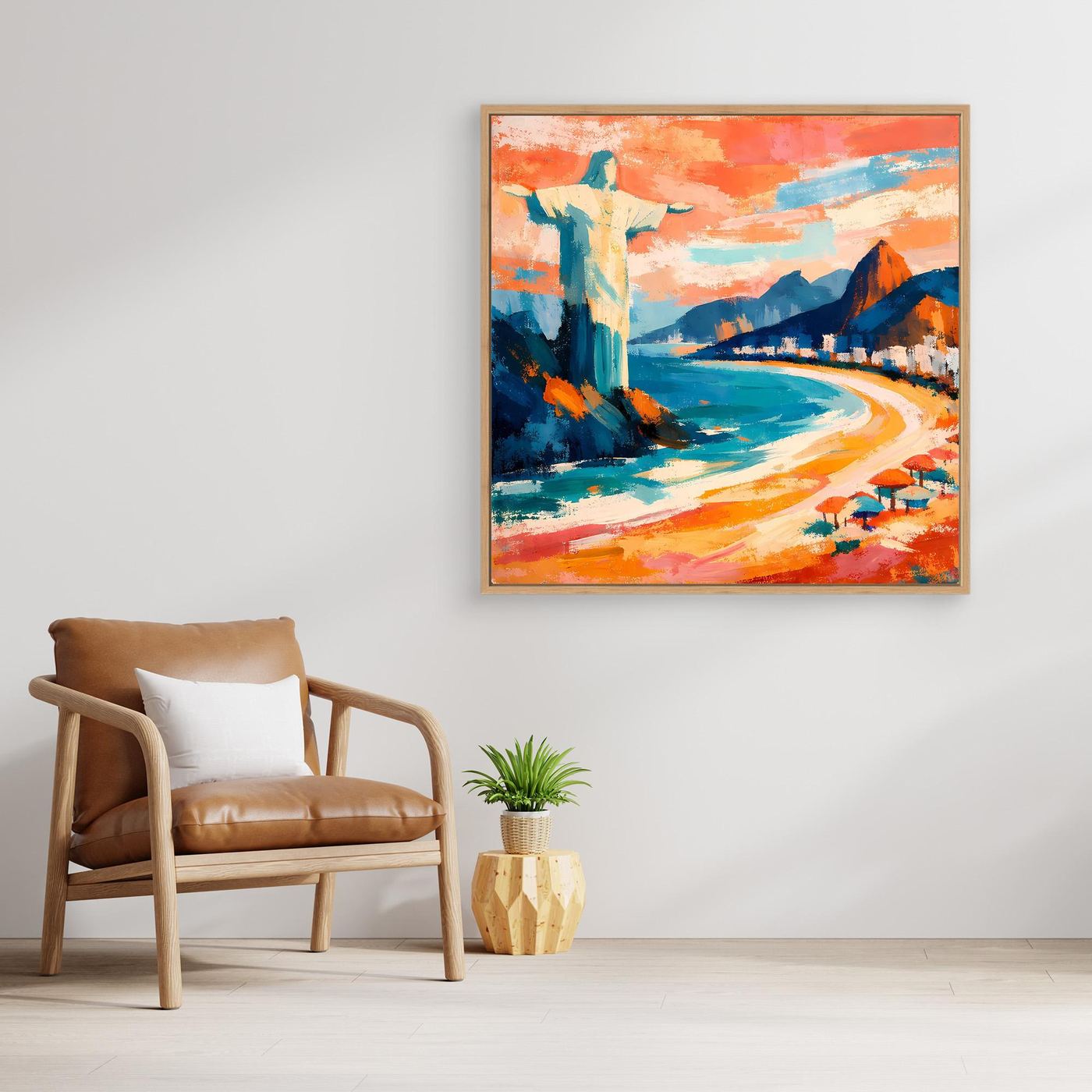 Abstraktes Leinwand-Wandbild mit hellem Holzrahmen, Strandweg und Meer in Blau-Orange-Tönen