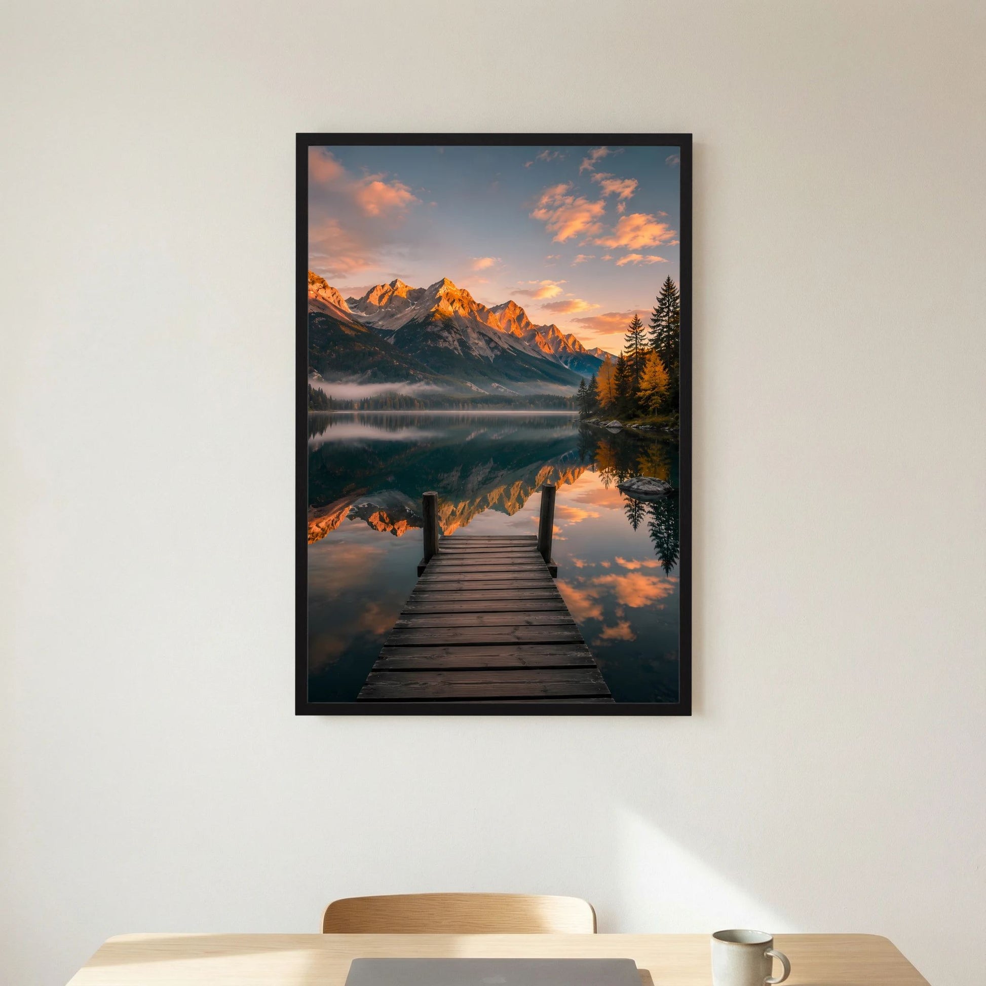 Hochformatiges Kunstposter mit schwarzem Rahmen: Holzsteg zwischen Bergen, Spiegelung im See.