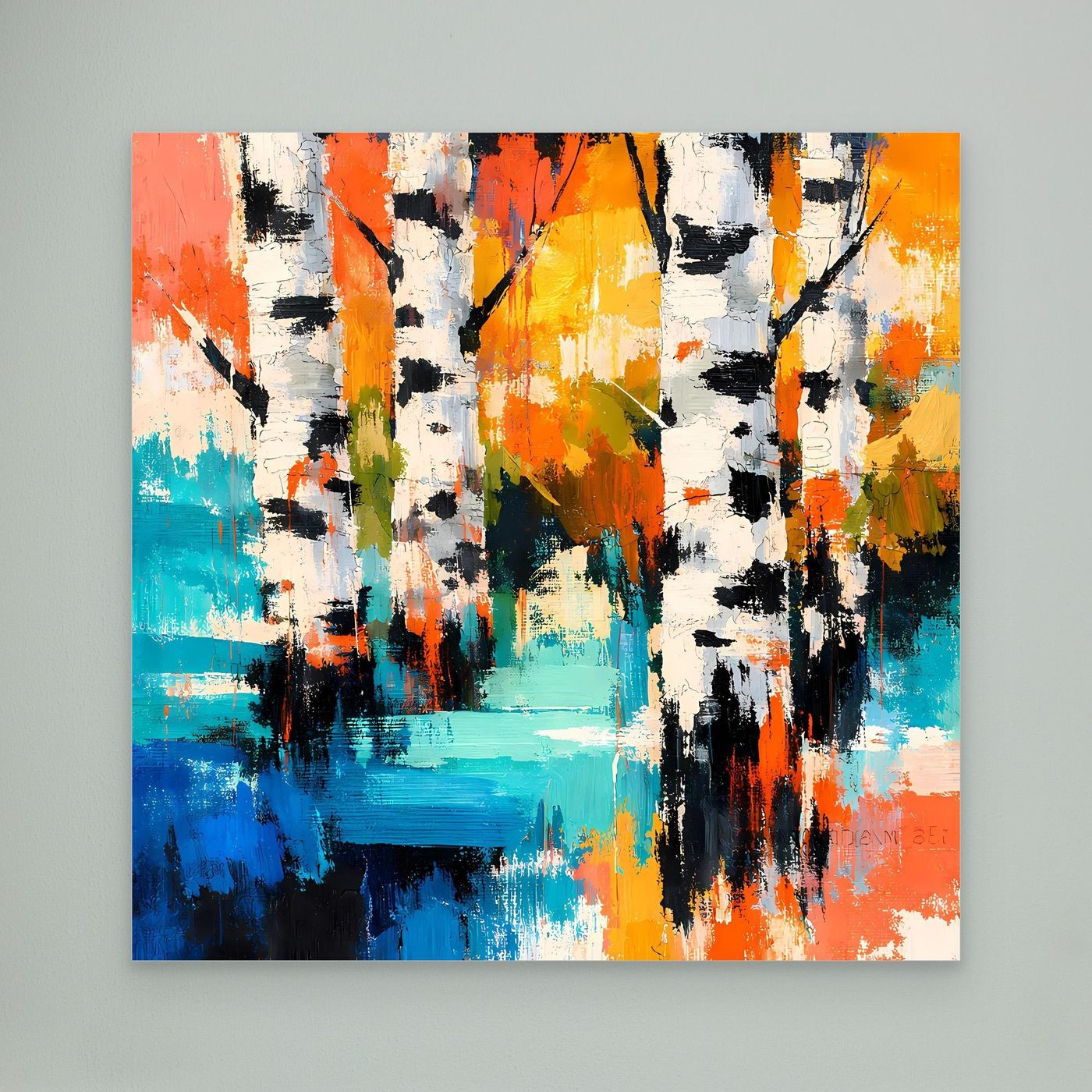 Abstract birch tree canvas wall art with vivid orange, blue, and yellow strokes