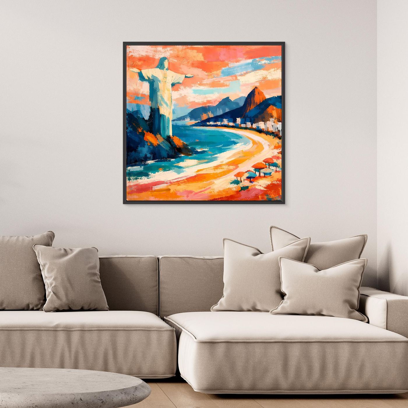 Abstraktes Leinwand-Wandbild mit schwarzem Rahmen, Strandweg am Meer in kräftigen Farben