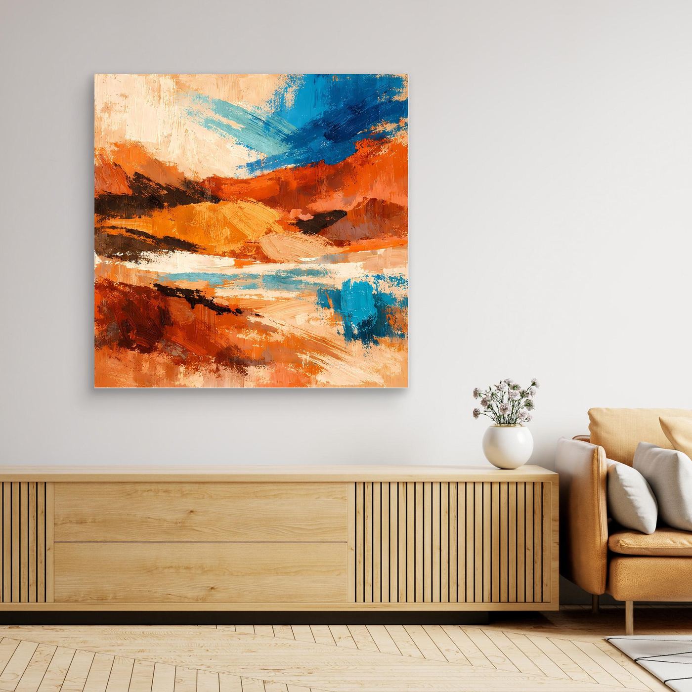 Gerahmtes abstraktes Leinwand-Wandbild, orange-blaue Canyonlandschaft im Expressiv-Stil