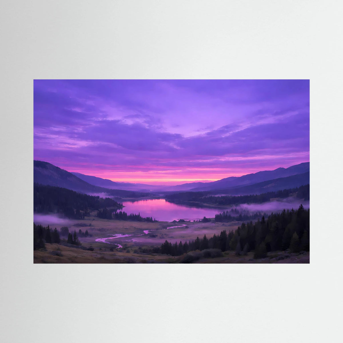 Querformat-Wandposter mit Sonnenuntergang über Tal und Fluss