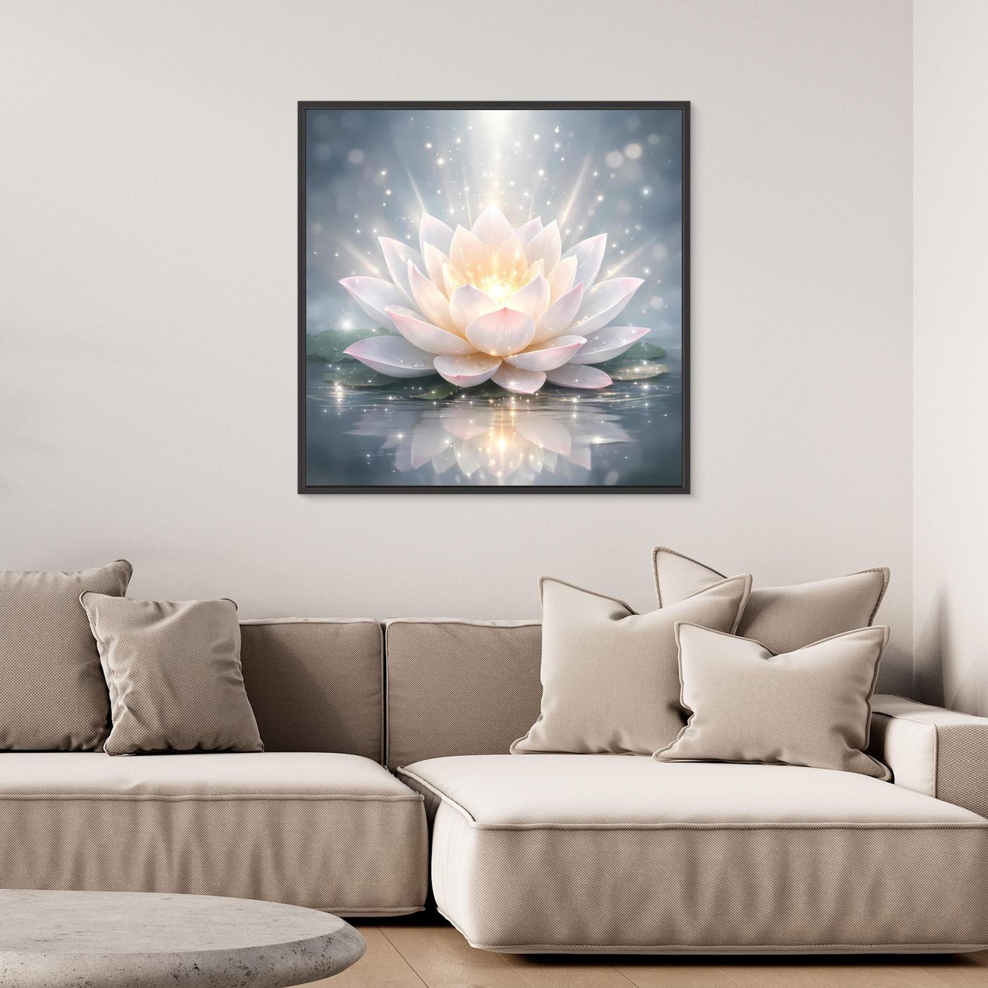 Leinwandbild mit leuchtender Lotusblüte im schwarzen Rahmen, hellrosafarbene Blütenblätter