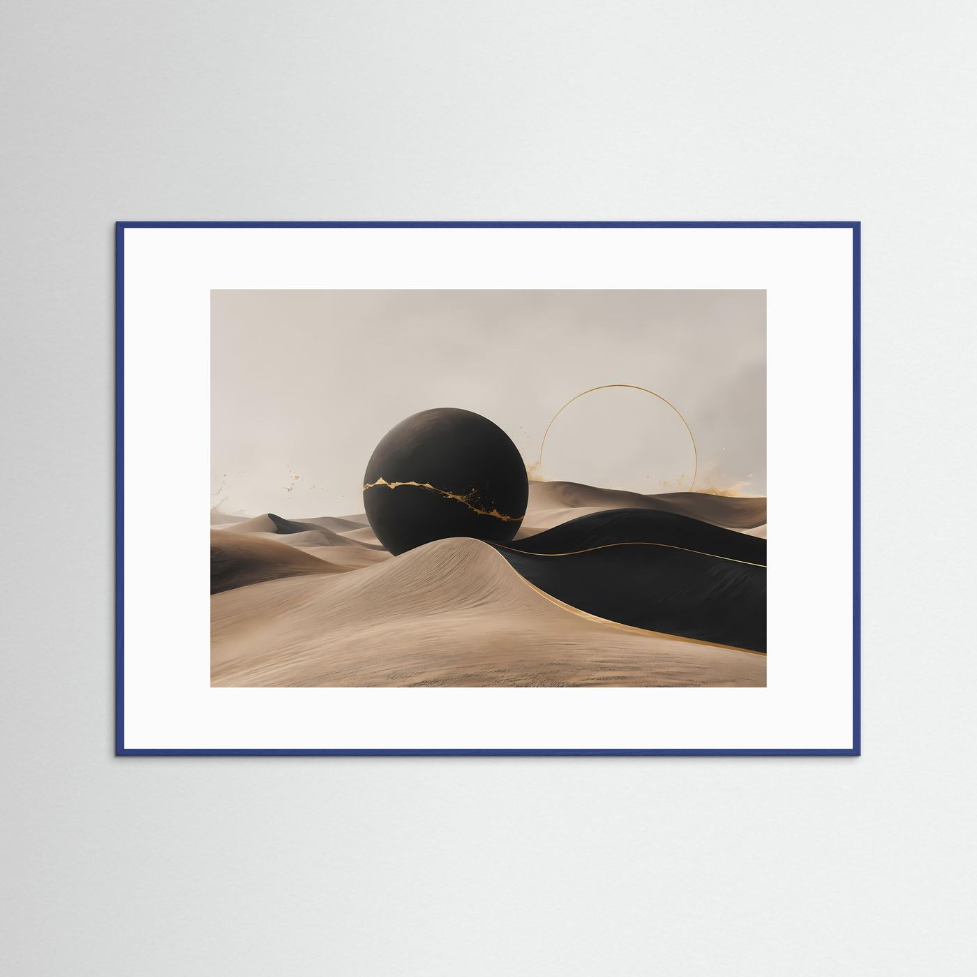 Minimalistische Wüstenlandschaft in Schwarz & Beige | Abstrakte Kunst mit Gold