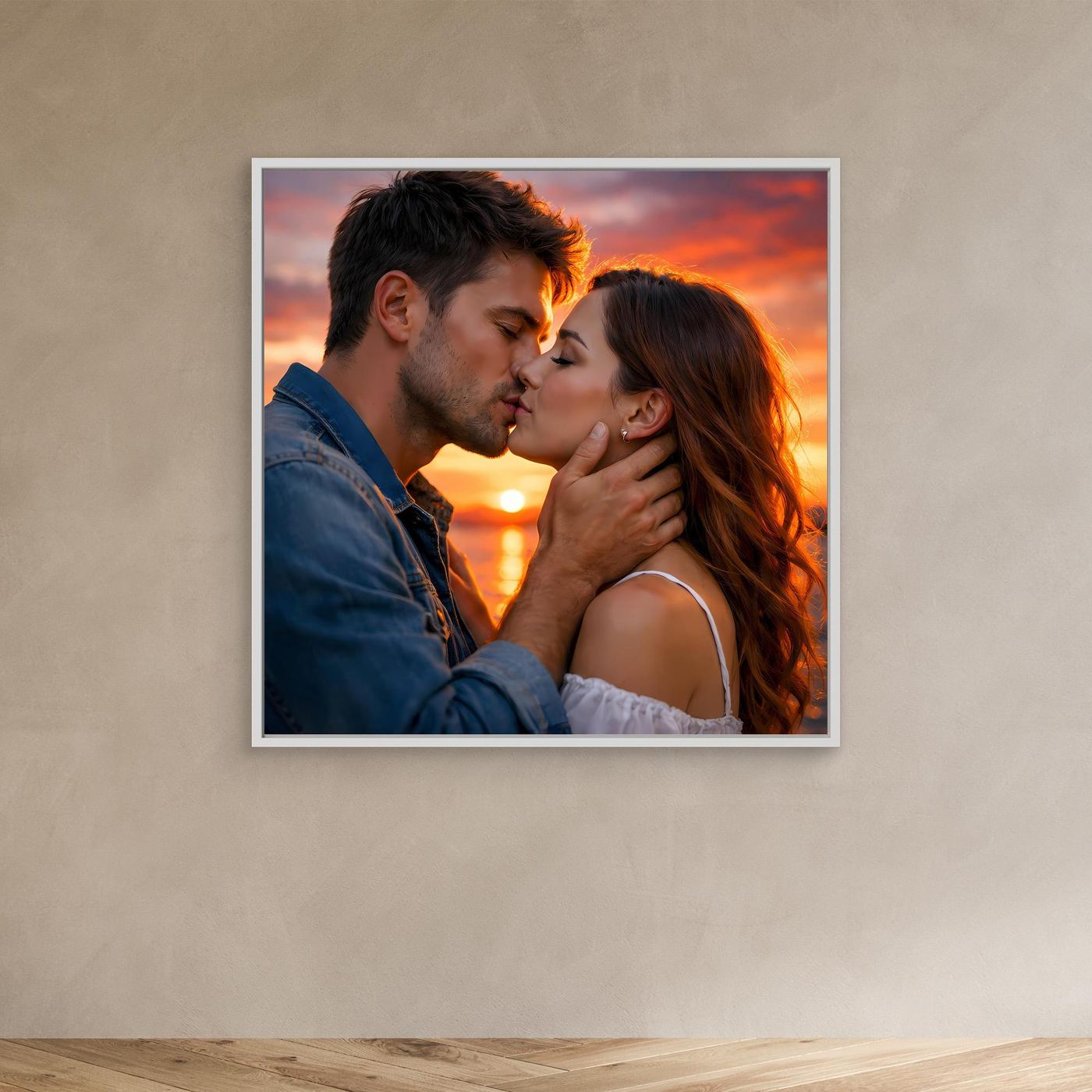 Leinwand Romantischer Kuss im Abendrot | Sinnliches Paar Wandbild