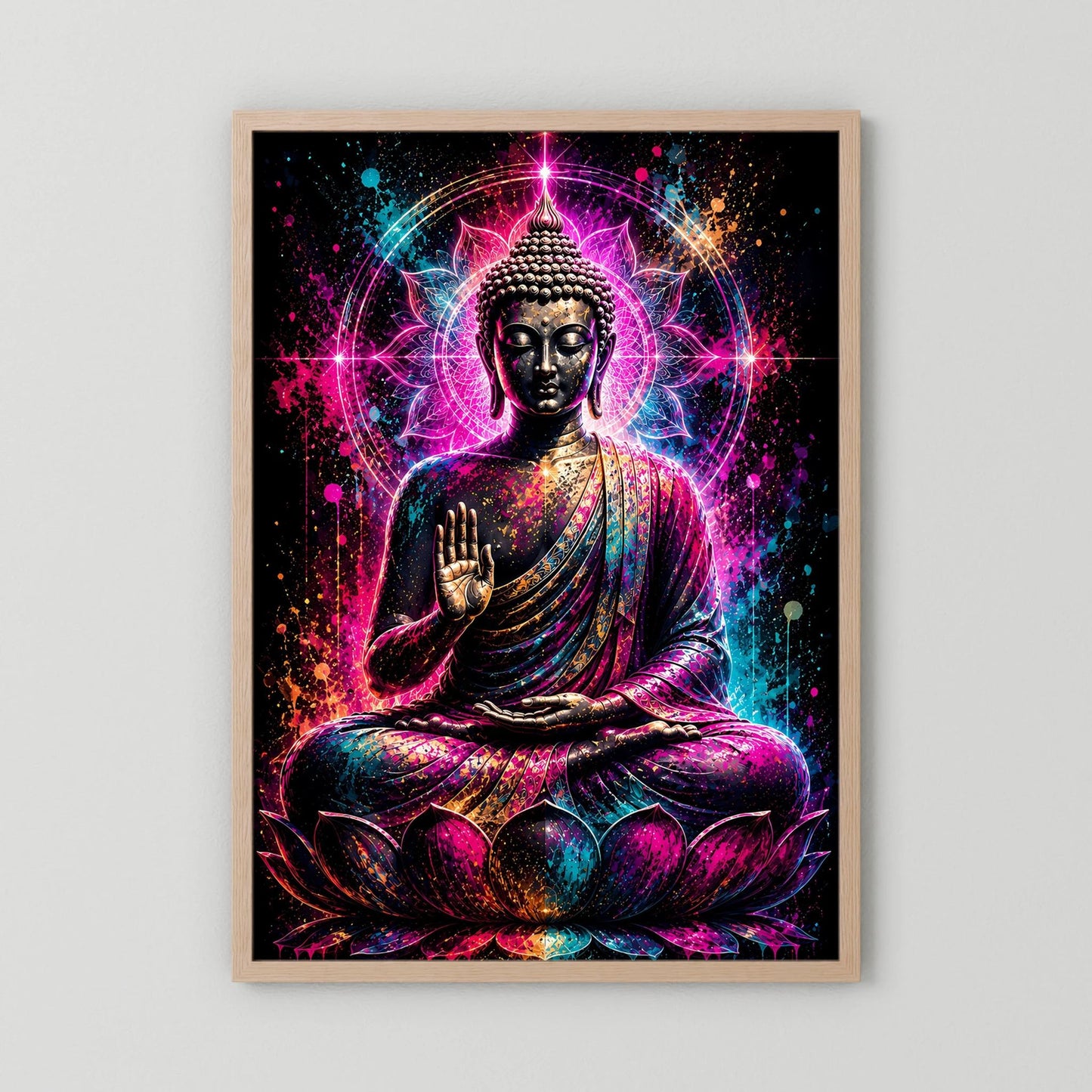 Hochformatiges Buddha-Neonmandala-Poster im Holzrahmen: Meditationsbuddha auf Lotus, pink/türkis Neon
