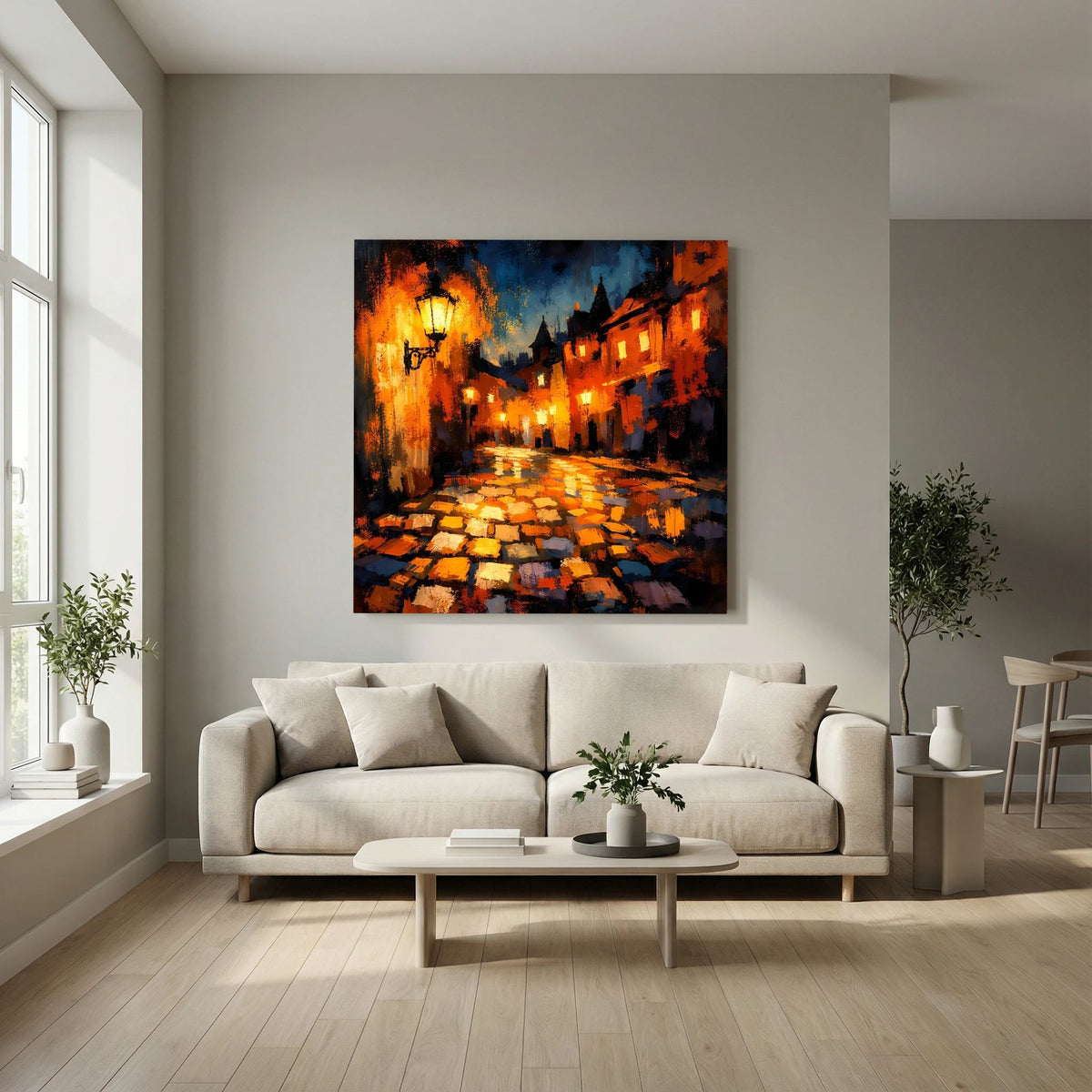 Leinwand Abstraktes Altstadt Gemälde | Modernes Romantisches Gassen Wandbild bei Nacht