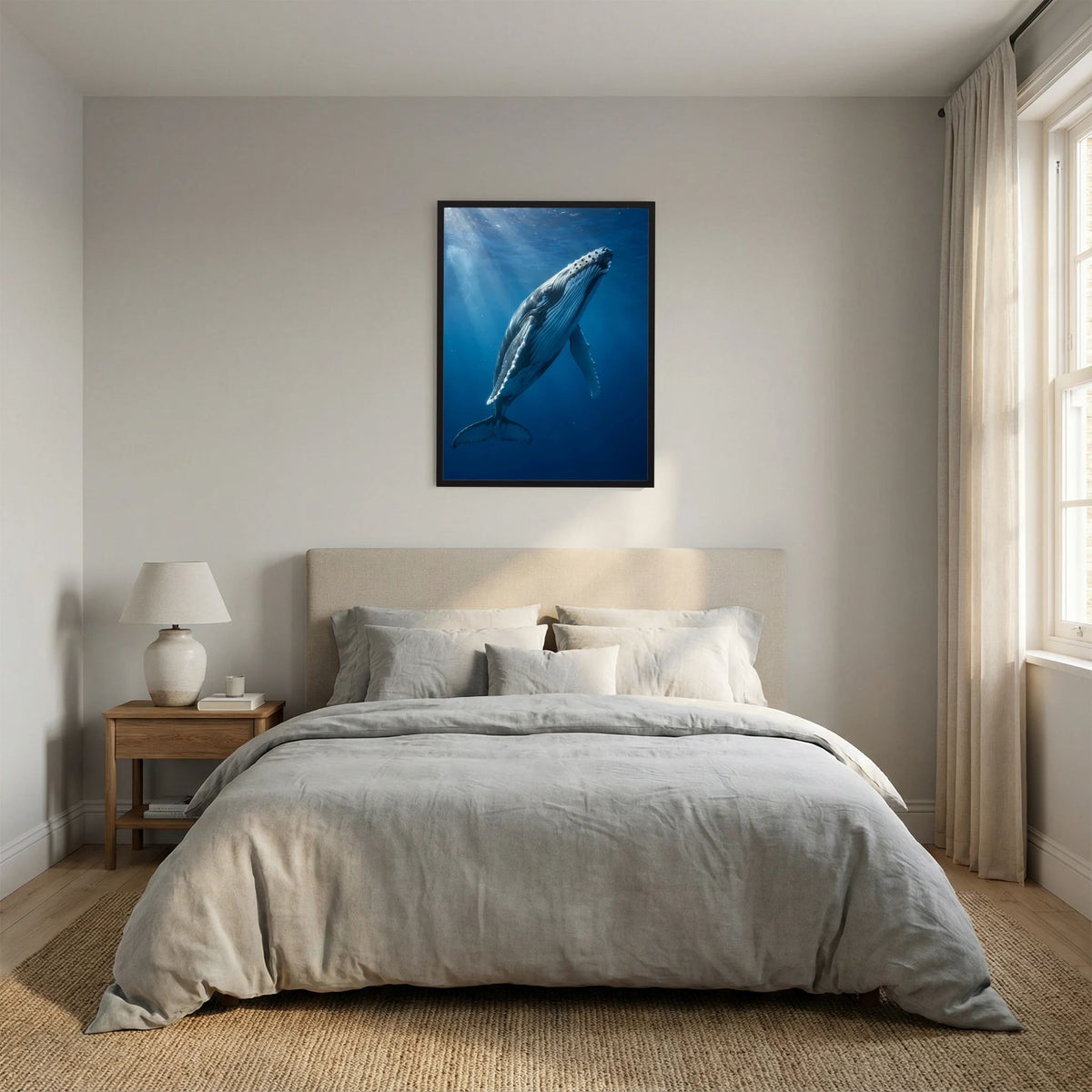 Hochformatiges Poster mit schwarzem Rahmen: Buckelwal unter Wasser