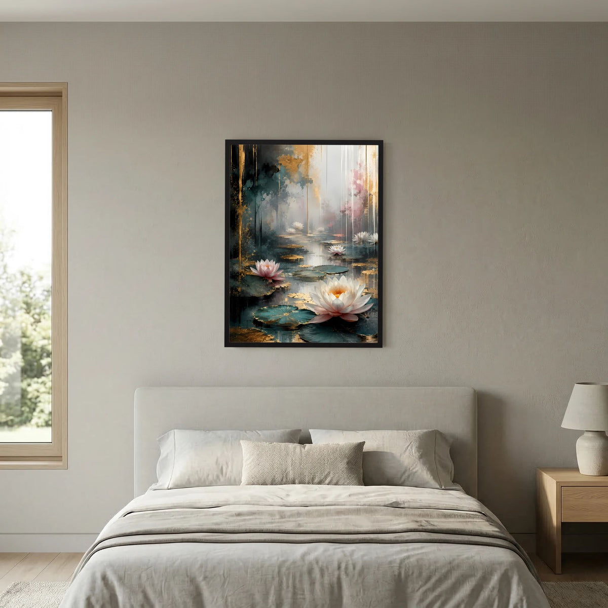 Abstraktes Wasserlilien-Poster im Hochformat mit weißen und rosafarbenen Blüten, schwarzer Rahmen