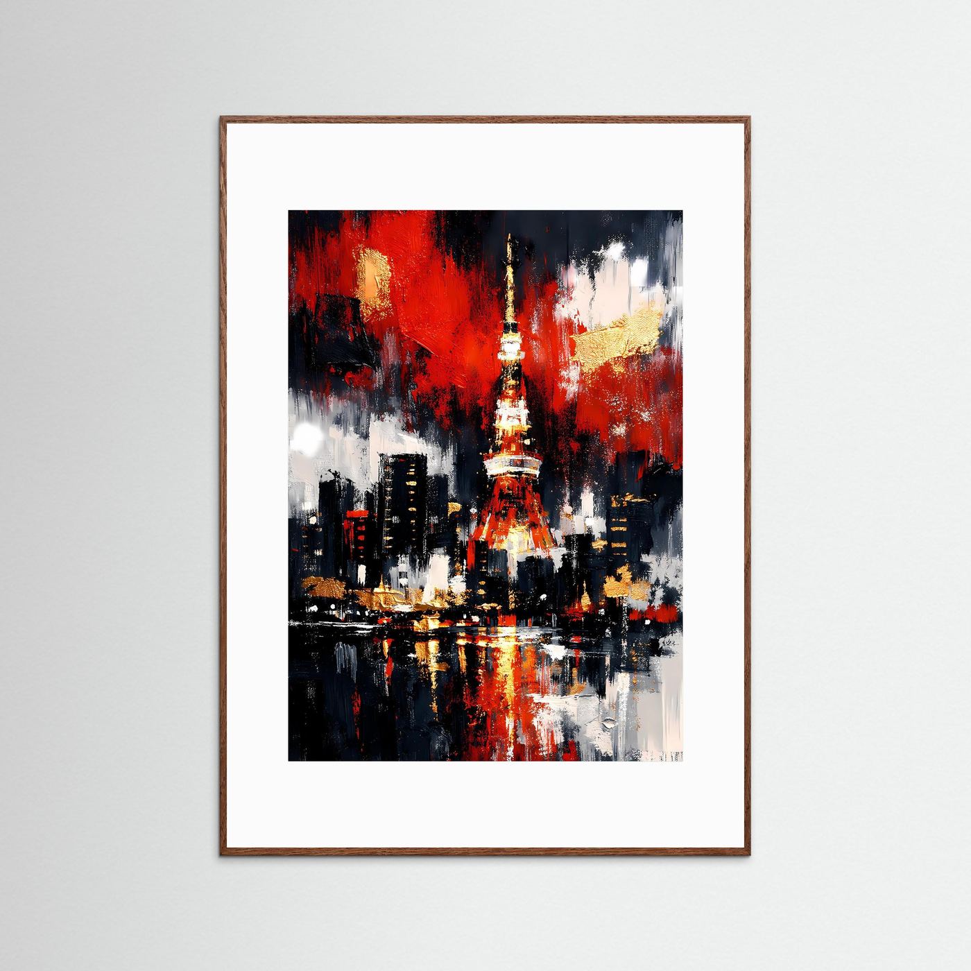 Poster mit abstrakter Tokio-Skyline und Tokio-Tower, rot-schwarz, brauner Rahmen, weißer Rand