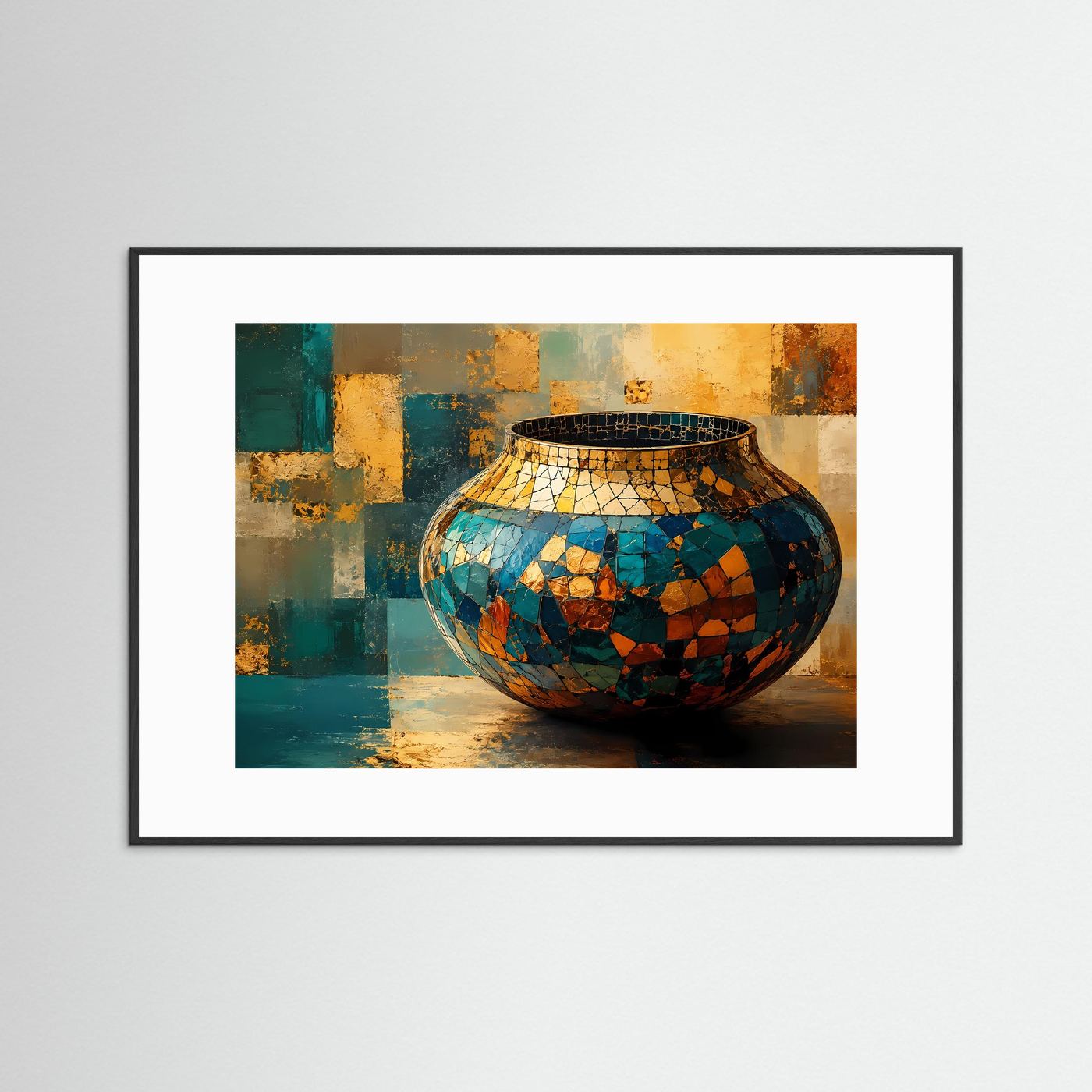 Mosaik Vase Poster | Abstrakte Keramik Kunst | Gold Blau Wandbild | Moderne Stillleben Wall Art