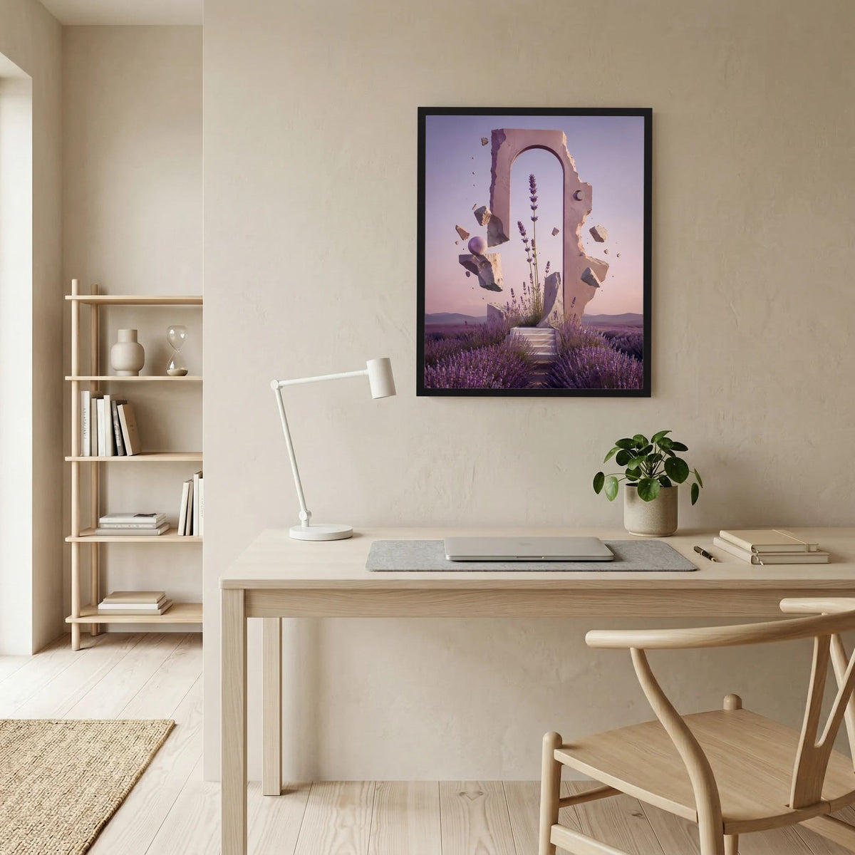 Hochformat-Poster mit schwarzem Rahmen: Lavendelportal mit Treppe und violetten Blüten