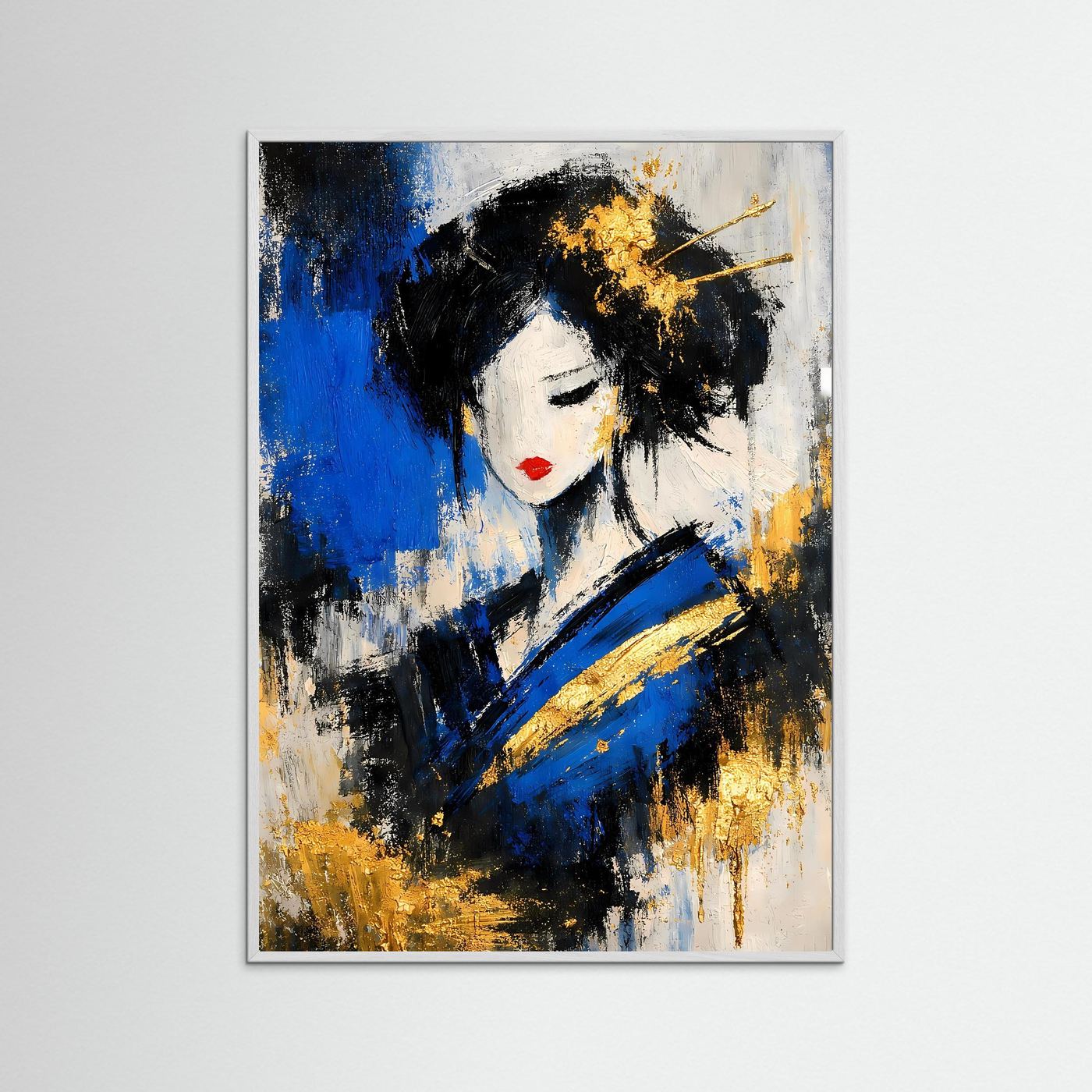 Kunstposter mit Geisha-Porträt, abstrakte Pinselstriche; grauer Rahmen