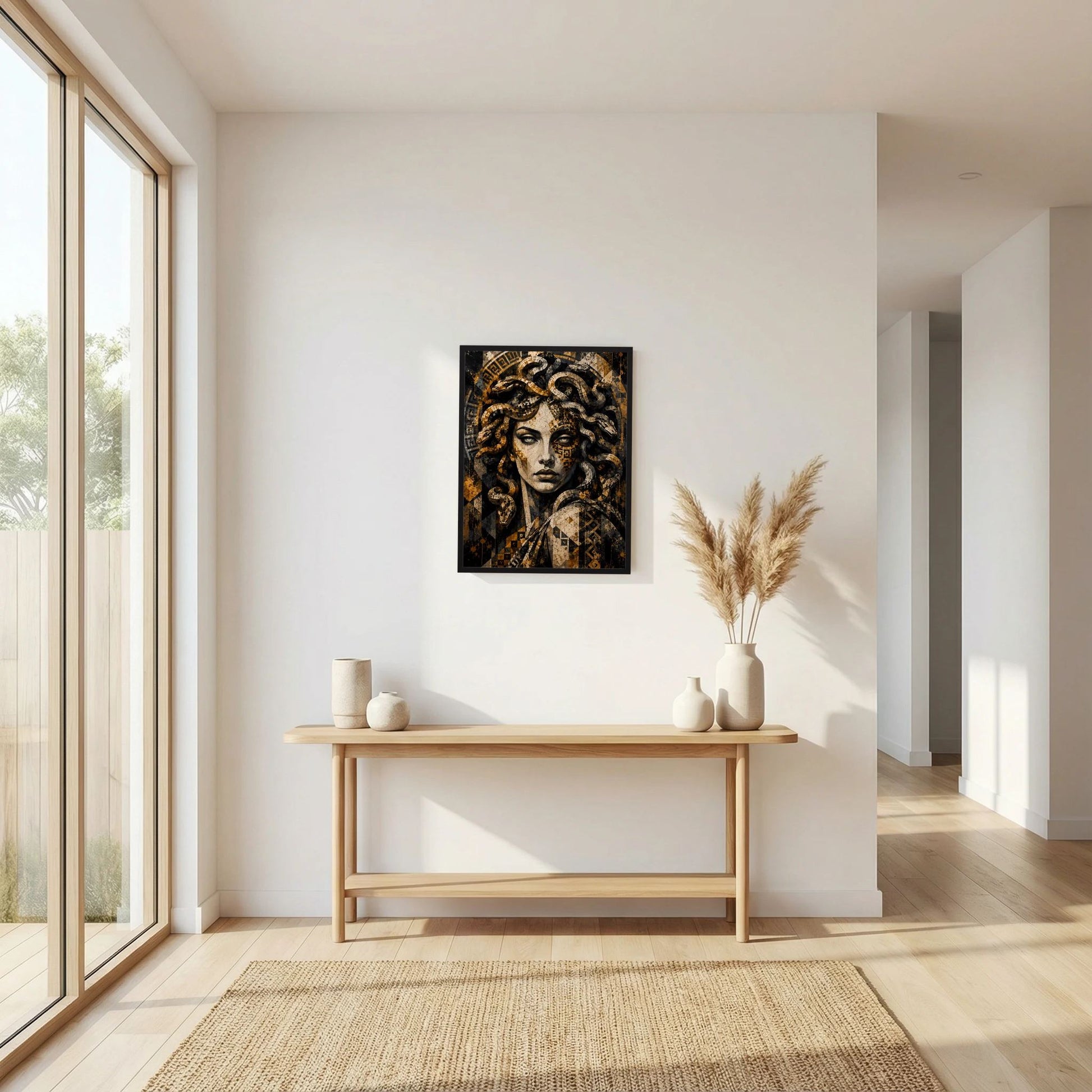 Gerahmtes Wandposter mit Medusa-Mosaik in Goldtönen und dunklen Flächen, Schlangen im Haar